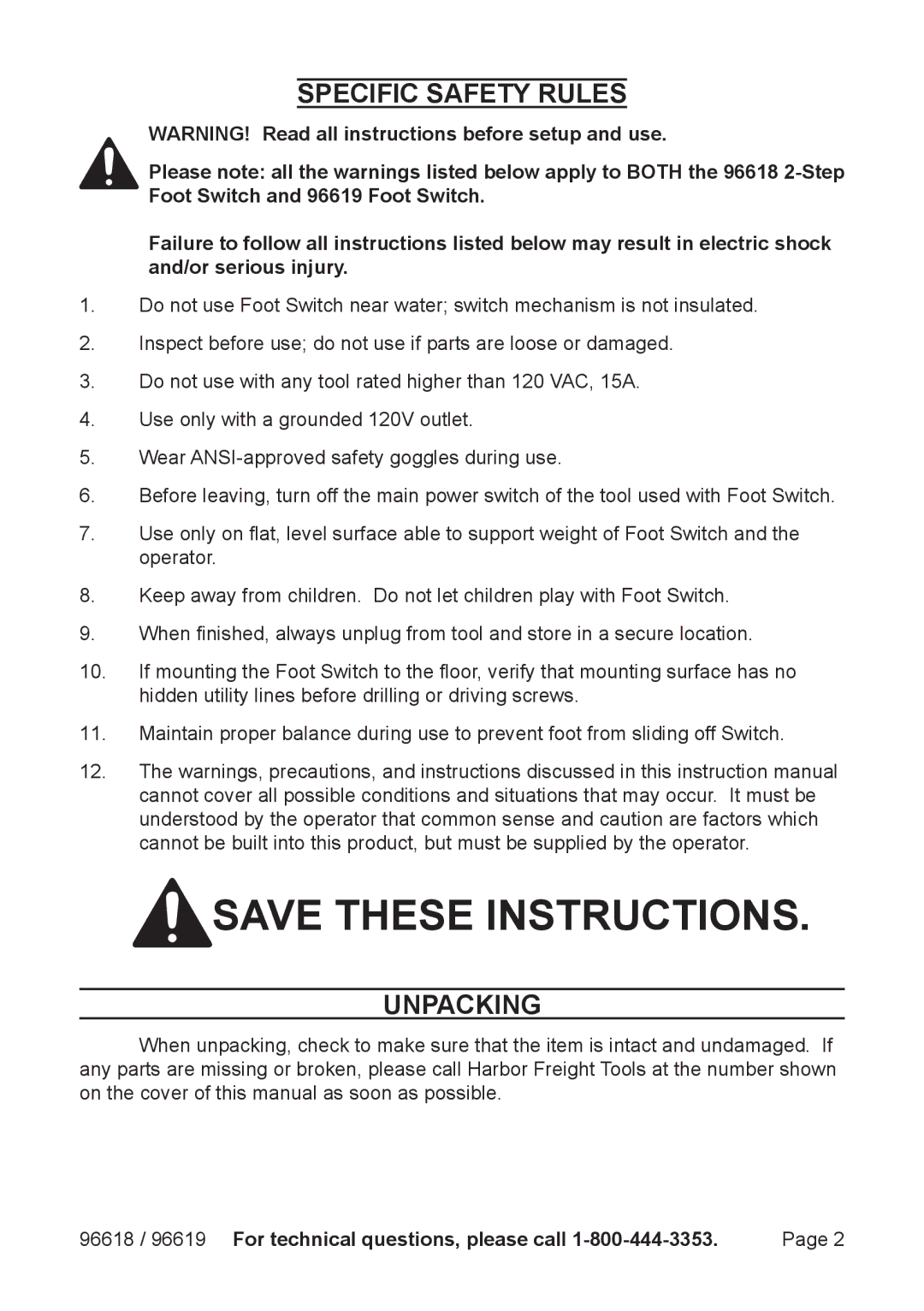 Harbor Freight Tools 96618 manual Specific Safety Rules, Unpacking 