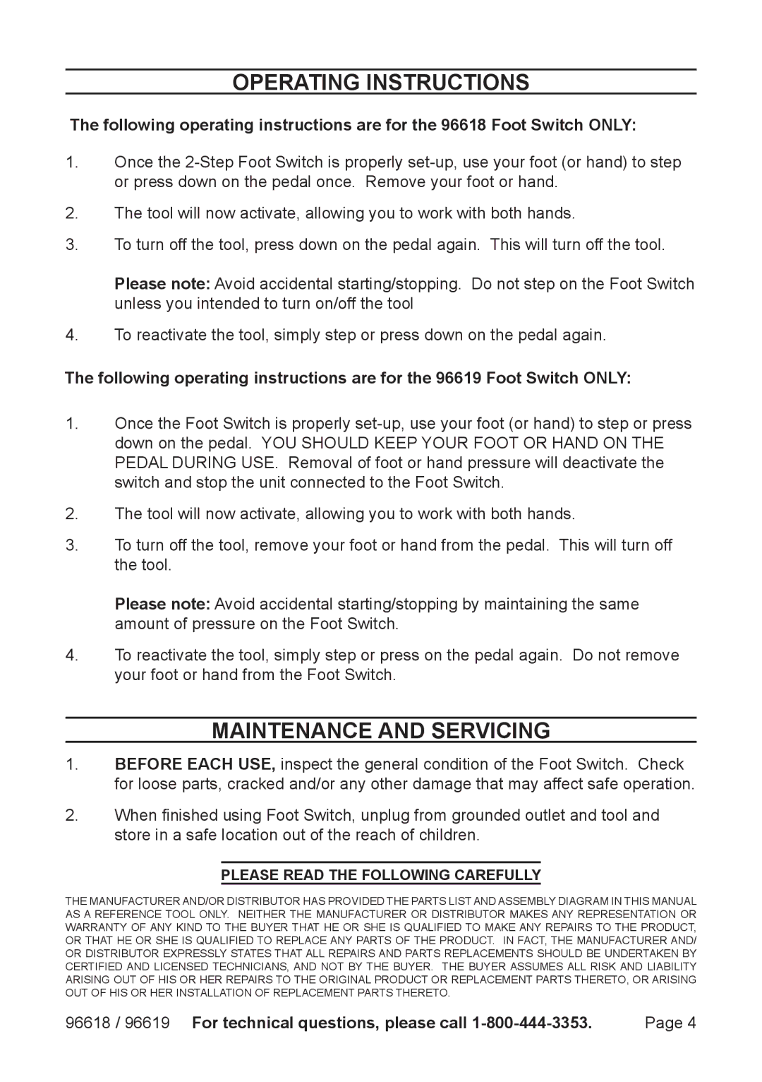 Harbor Freight Tools 96618 manual Operating Instructions, Maintenance And Servicing 