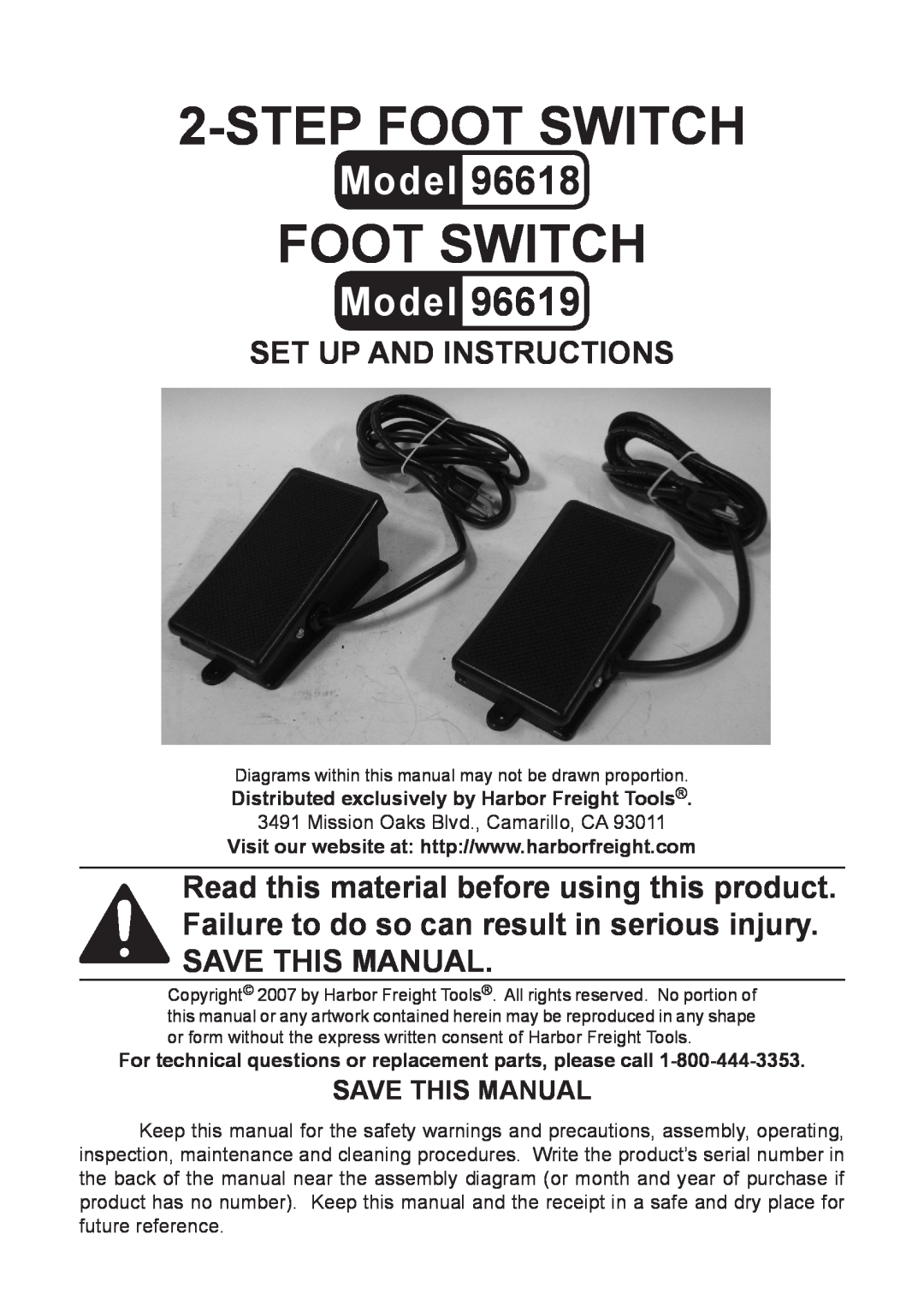 Harbor Freight Tools 96618 manual Save This Manual, Step Foot Switch, Model, Set up AND Instructions 