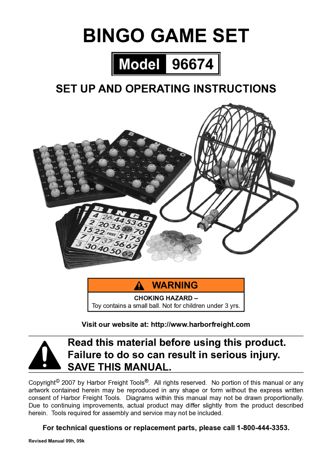 Harbor Freight Tools 96674 operating instructions Bingo Game SET 