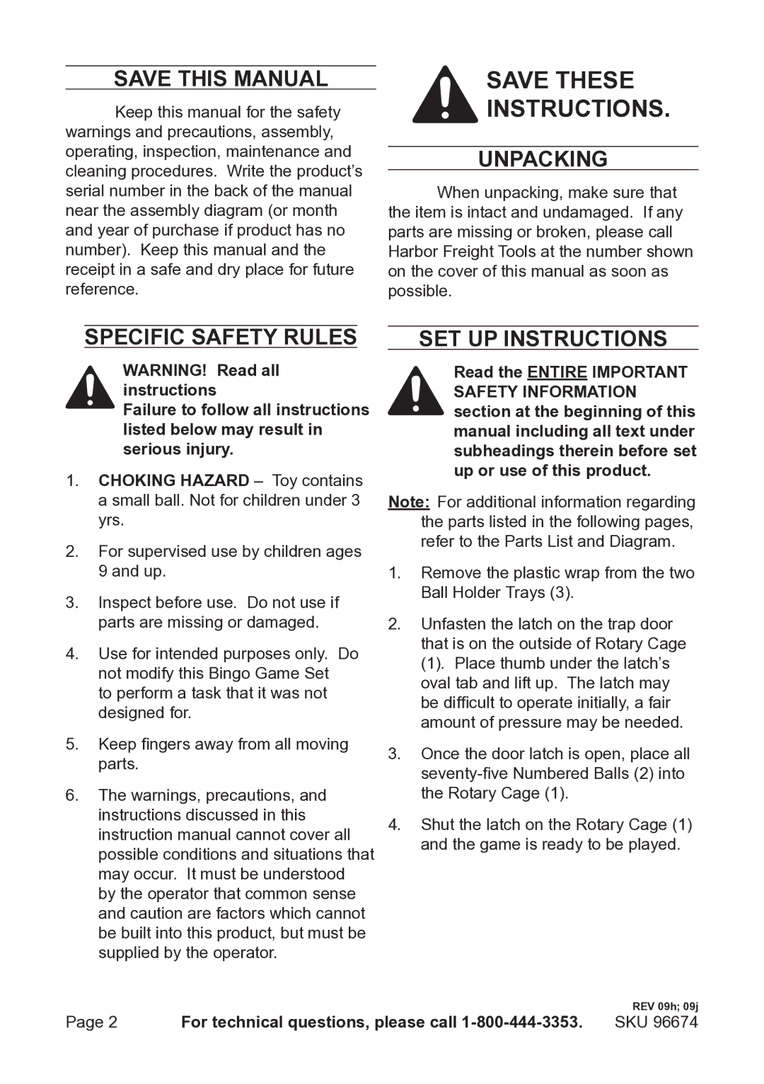 Harbor Freight Tools 96674 operating instructions Save This Manual, Unpacking, Specific Safety Rules, Set Up Instructions 