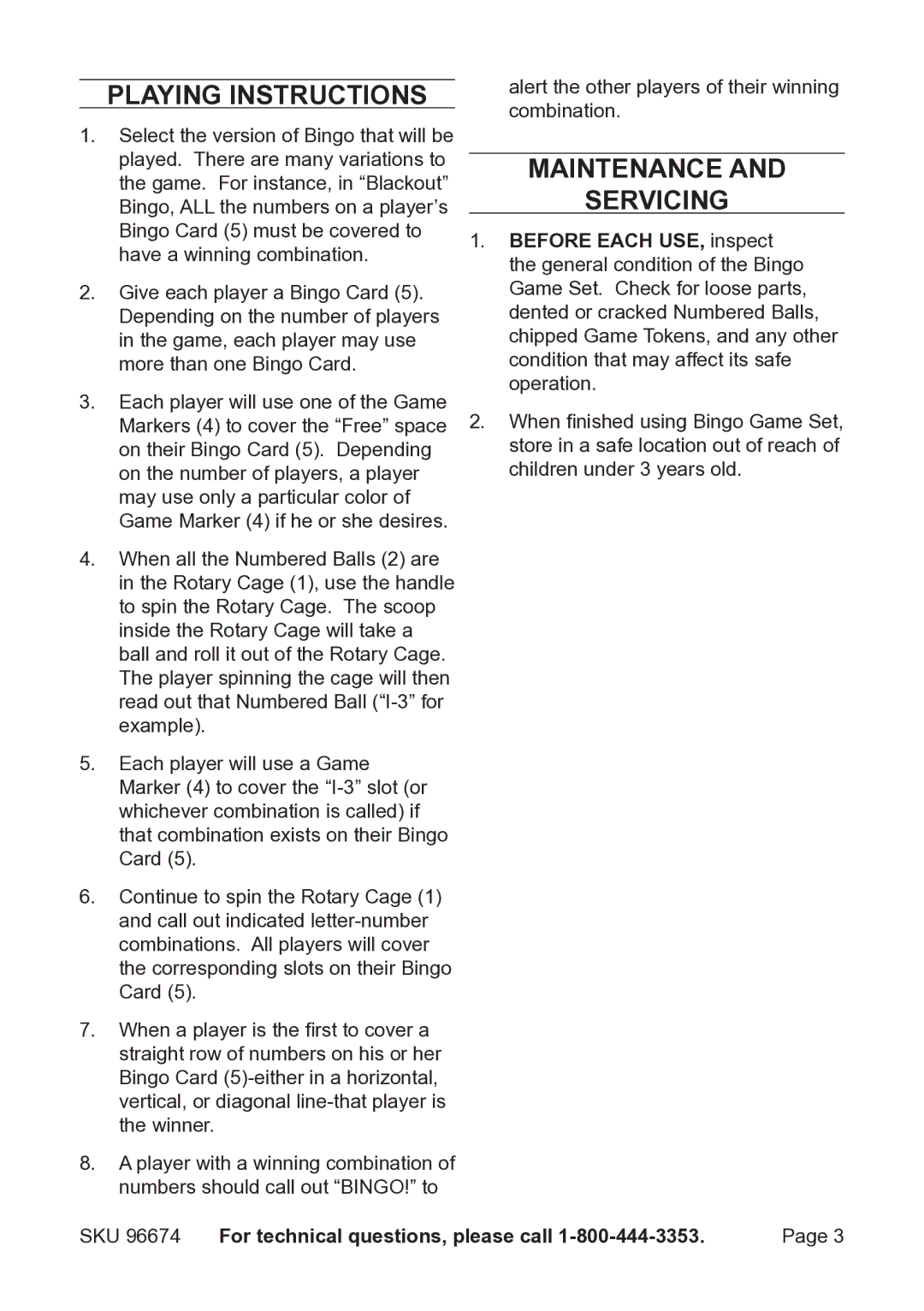 Harbor Freight Tools 96674 operating instructions Playing Instructions, Maintenance Servicing 