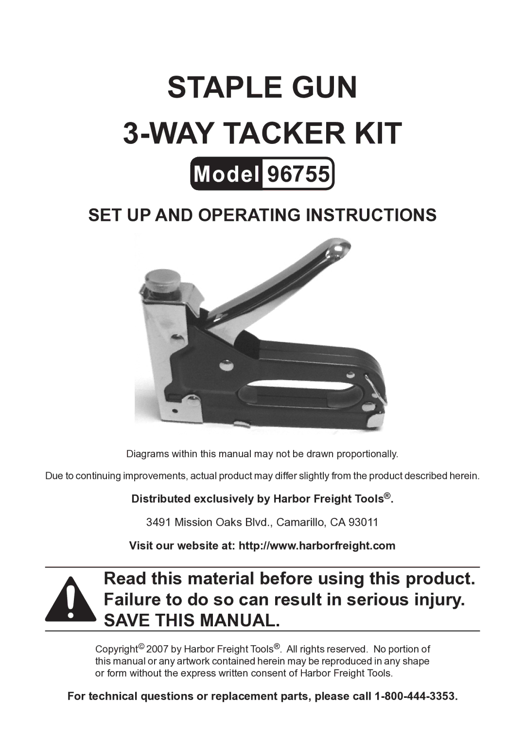 Harbor Freight Tools 96755 operating instructions Staple gun Way tacker kit 