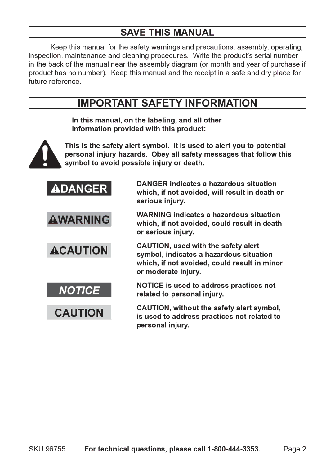 Harbor Freight Tools 96755 operating instructions Important Safety Information, Save This Manual 