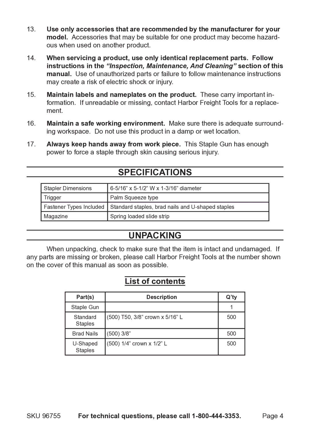 Harbor Freight Tools 96755 operating instructions Specifications, Unpacking, List of contents 