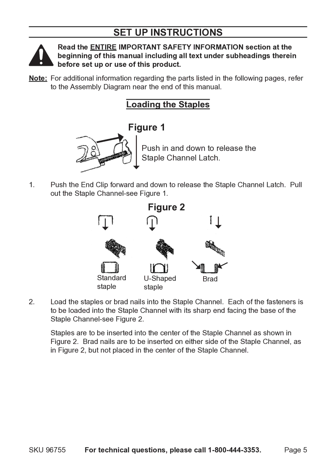 Harbor Freight Tools 96755 Set Up Instructions, Loading the Staples, Push in and down to release Staple Channel Latch 