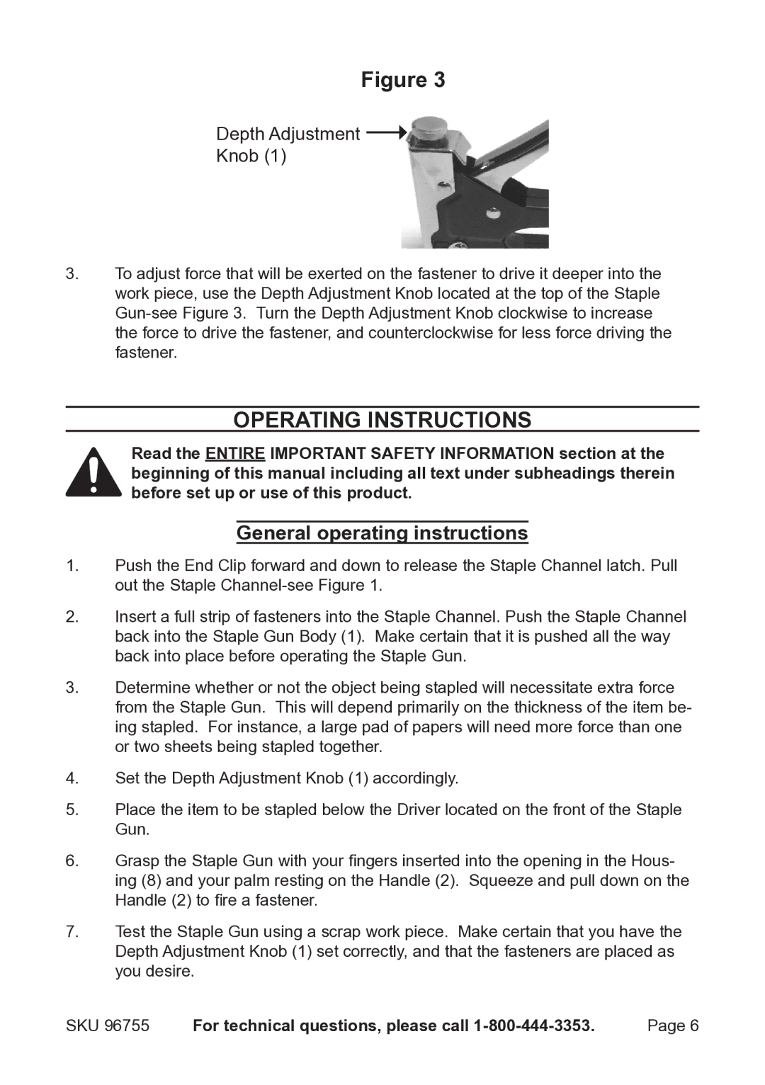 Harbor Freight Tools 96755 Operating Instructions, General operating instructions, Depth Adjustment Knob 