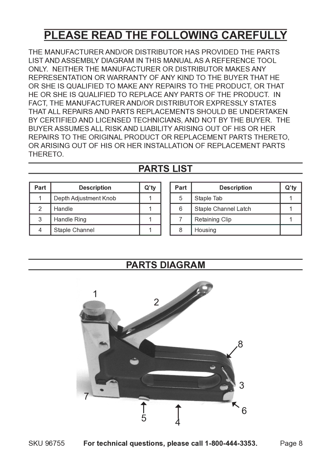 Harbor Freight Tools 96755 operating instructions Parts diagram, Part Description ’ty 