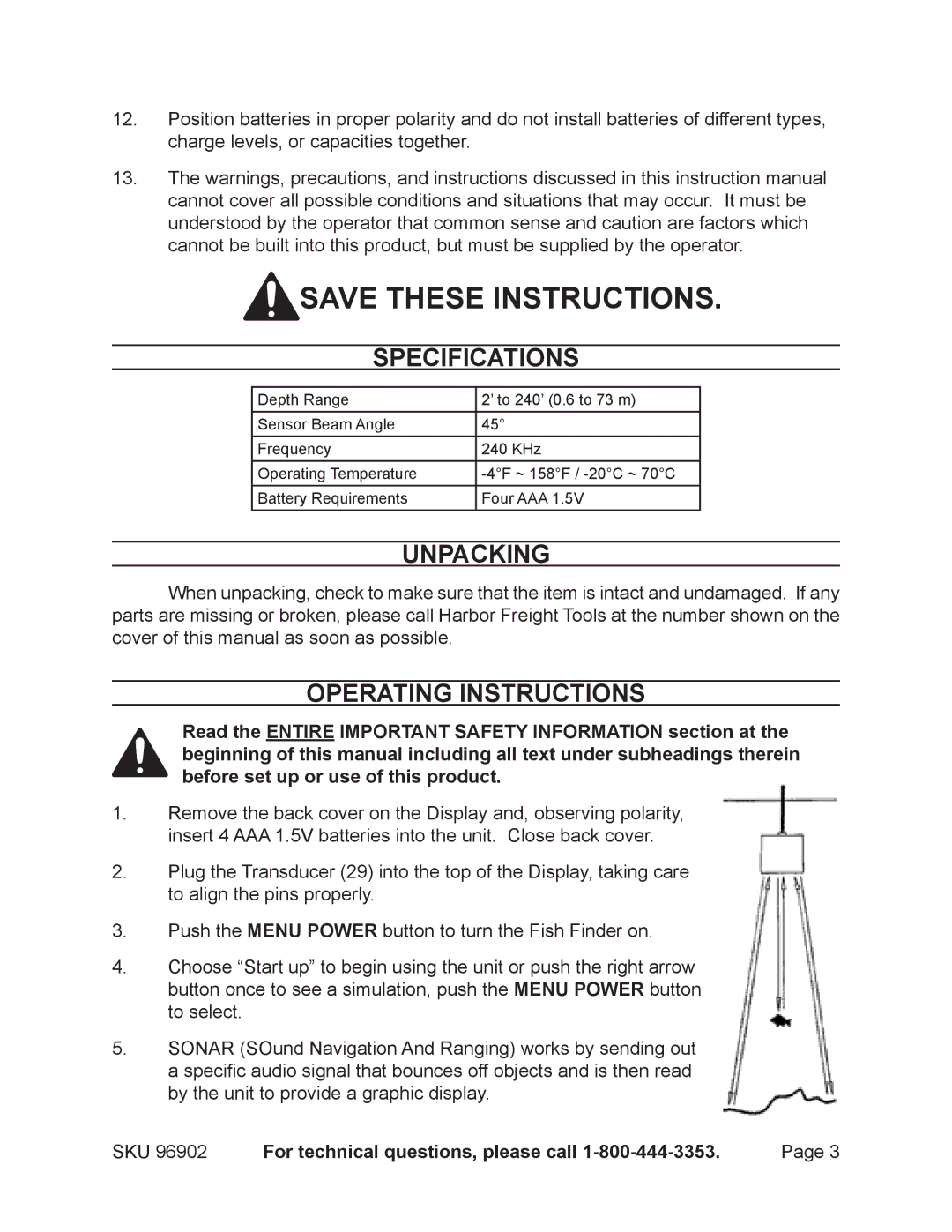 Harbor Freight Tools 96902 operating instructions Specifications, Unpacking, Operating Instructions 