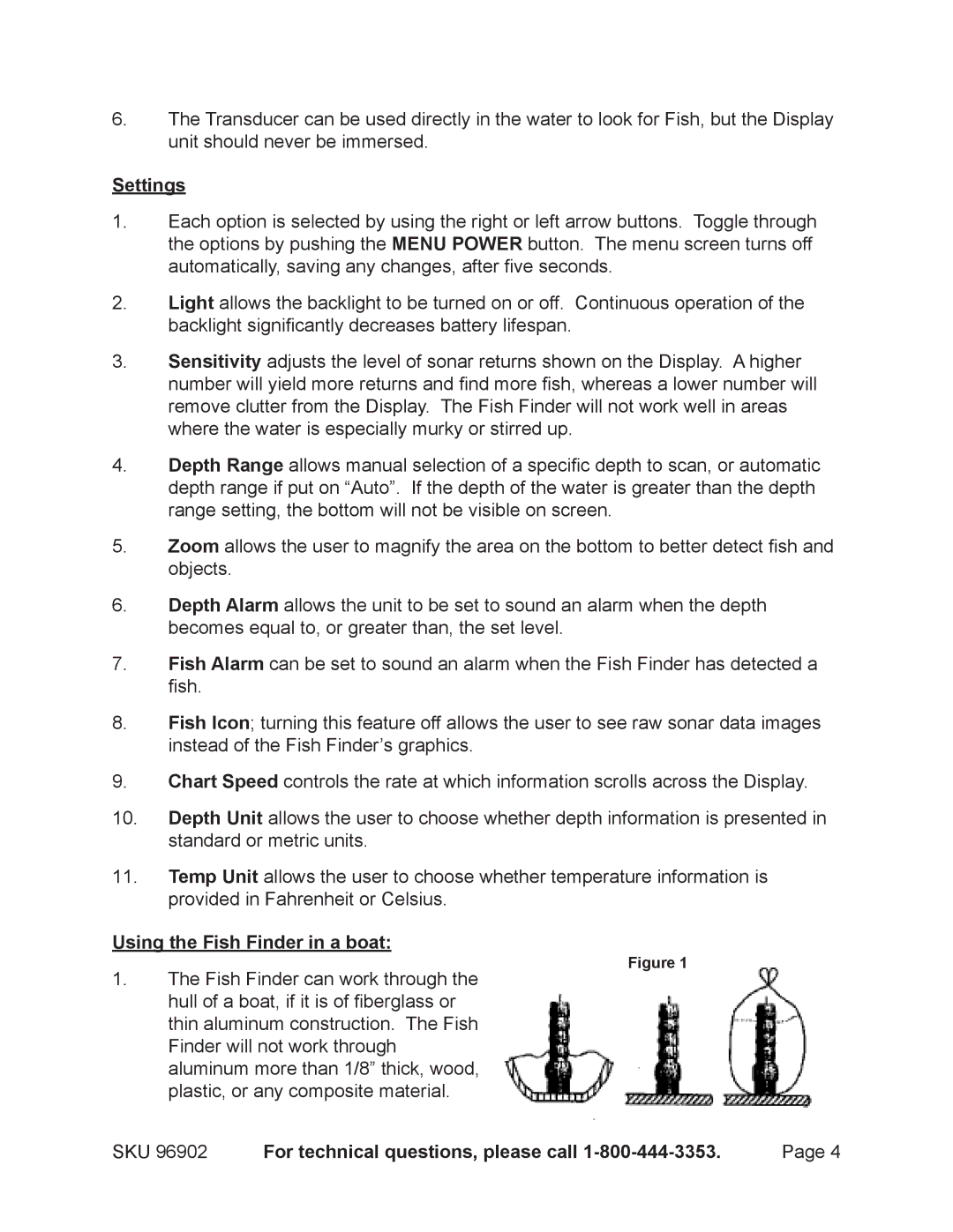 Harbor Freight Tools 96902 operating instructions Settings, Using the Fish Finder in a boat 