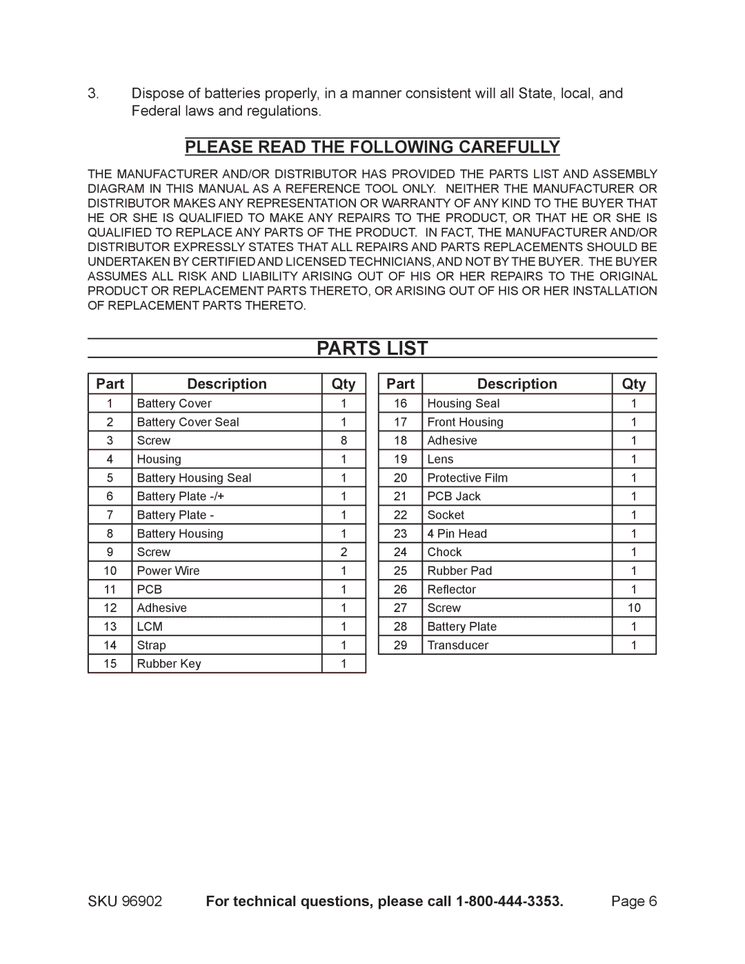 Harbor Freight Tools 96902 operating instructions Parts List, Part Description Qty 