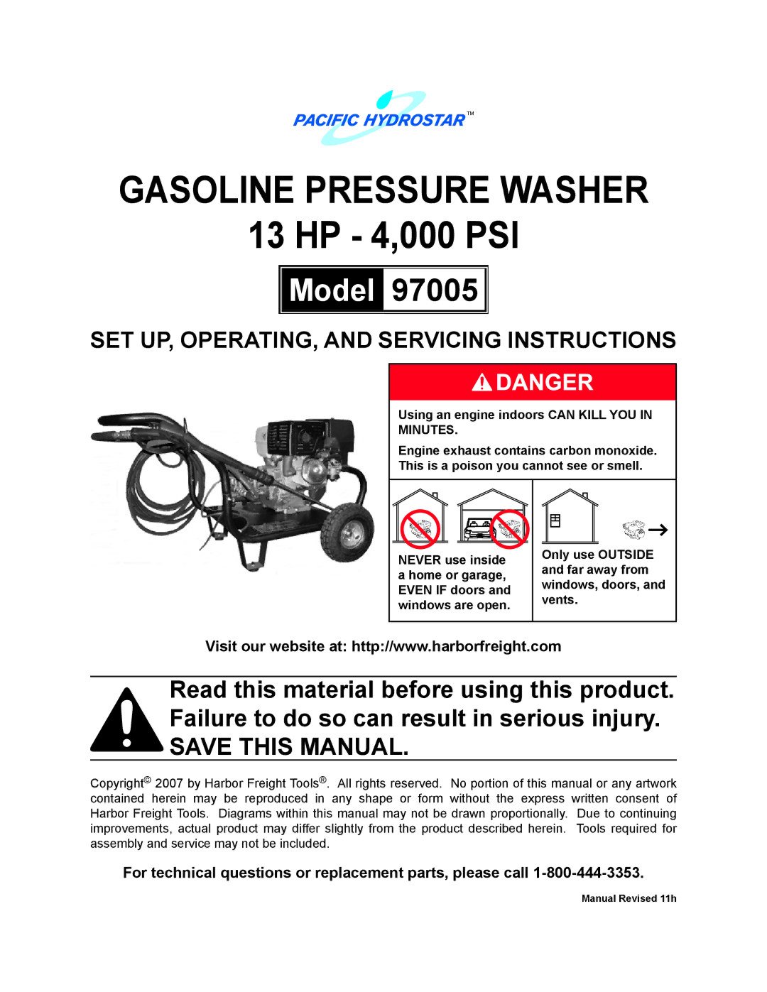 Harbor Freight Tools 97005 manual Gasoline Pressure Washer, For technical questions or replacement parts, please call 