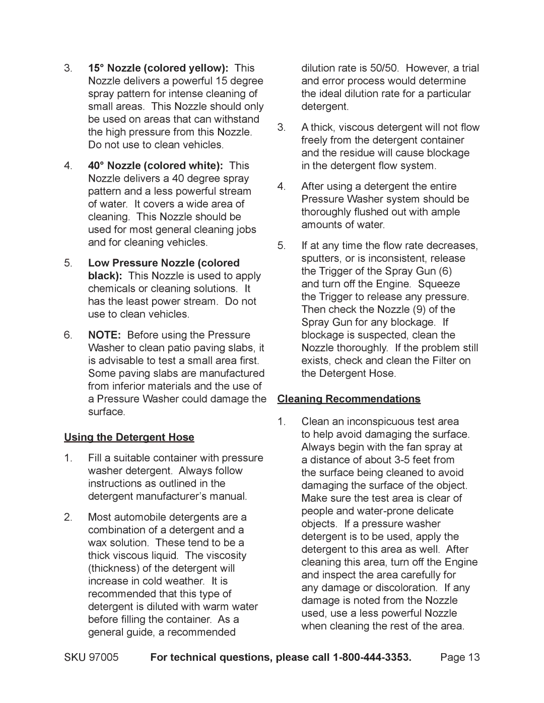 Harbor Freight Tools 97005 manual Using the Detergent Hose, Cleaning Recommendations 