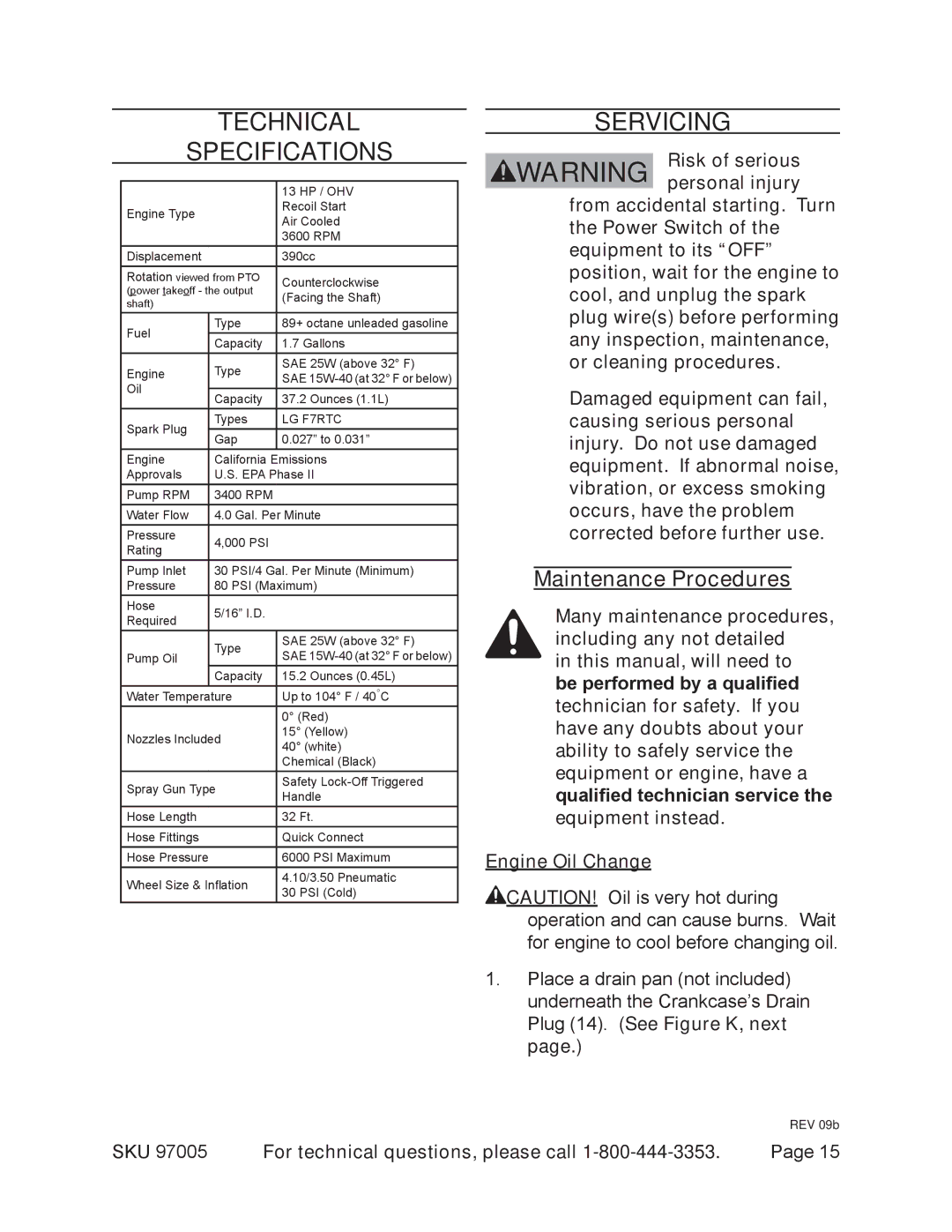 Harbor Freight Tools 97005 manual Technical Specifications, Servicing 