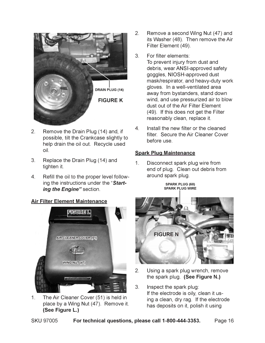 Harbor Freight Tools 97005 manual Spark Plug Maintenance, Air Filter Element Maintenance, See Figure L 