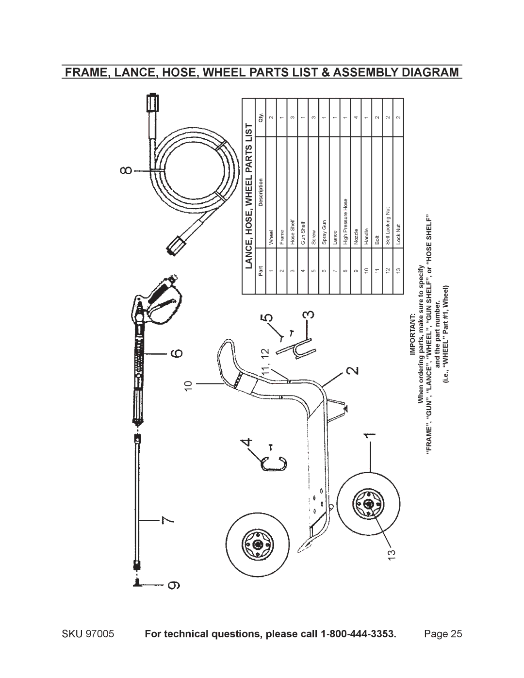 Harbor Freight Tools 97005 manual FRAME, LANCE, HOSE, Wheel Parts List & Assembly Diagram 