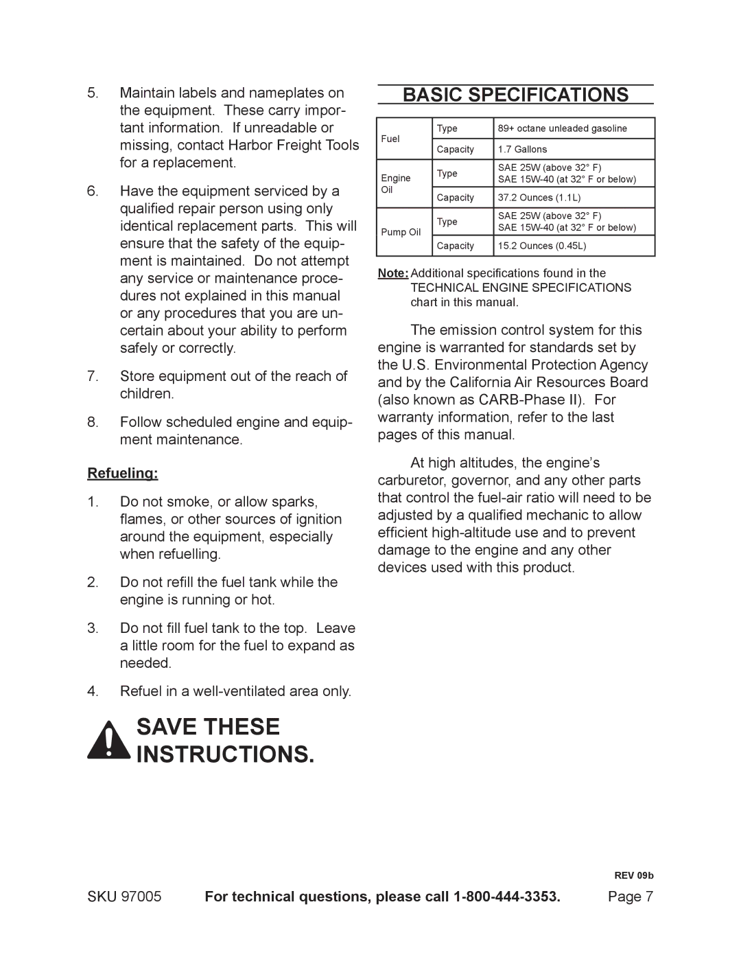 Harbor Freight Tools 97005 manual Basic Specifications, Refueling 