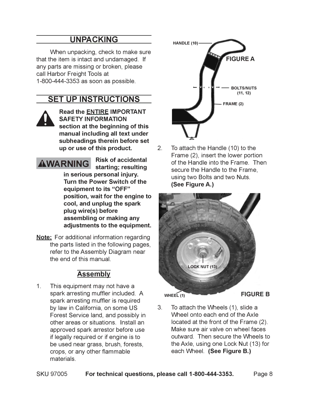 Harbor Freight Tools 97005 manual Unpacking, Set Up Instructions, See Figure a 