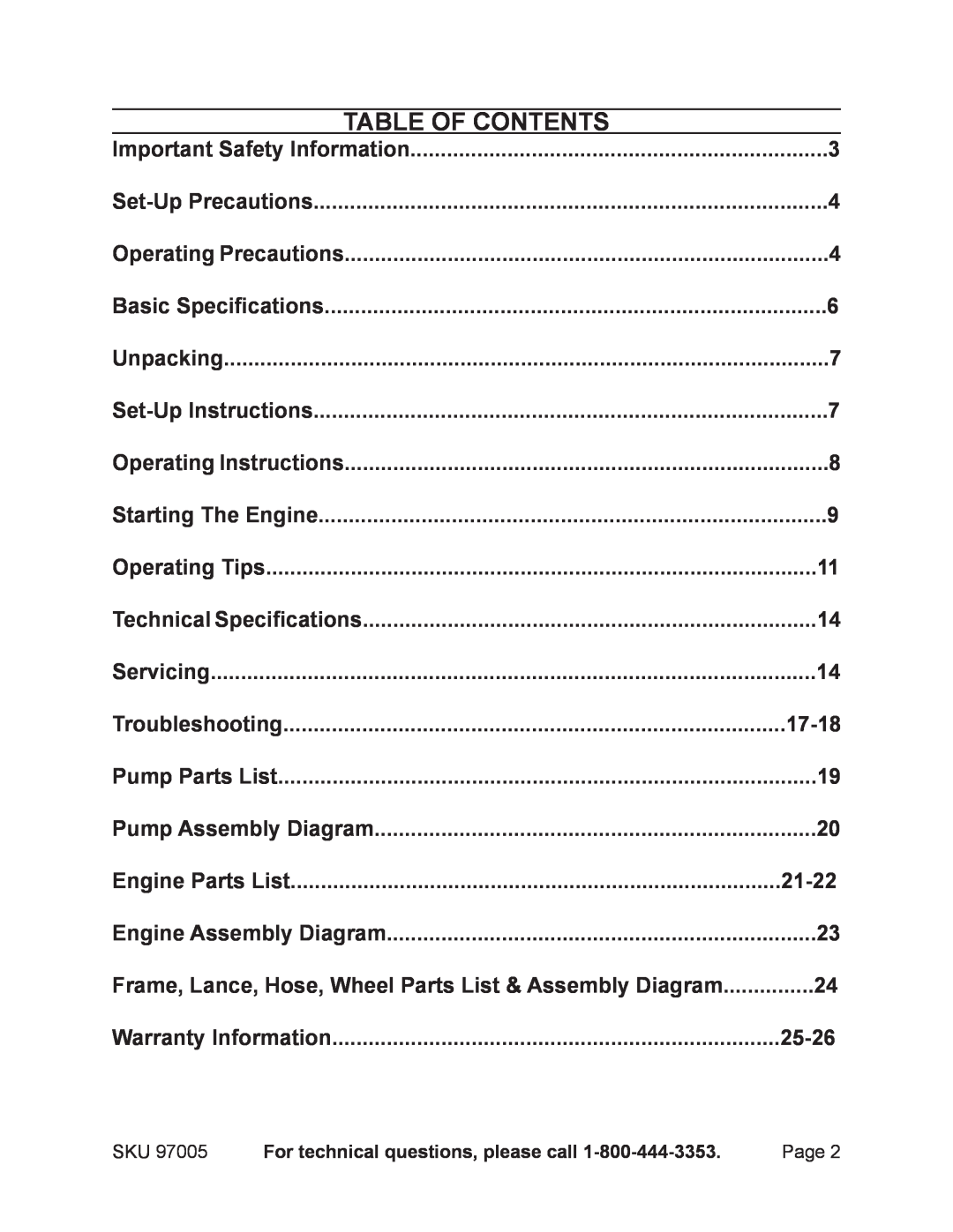 Harbor Freight Tools 97005 table of contents, Troubleshooting, 17-18, Engine Parts List, Warranty Information, Unpacking 