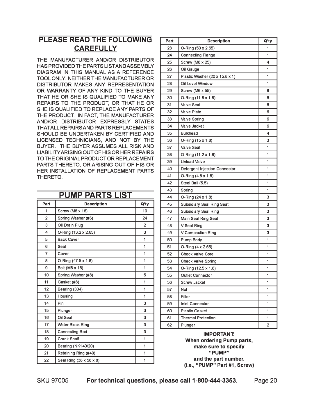 Harbor Freight Tools 97005 Pump Parts List, Please Read The Following Carefully, For technical questions, please call 