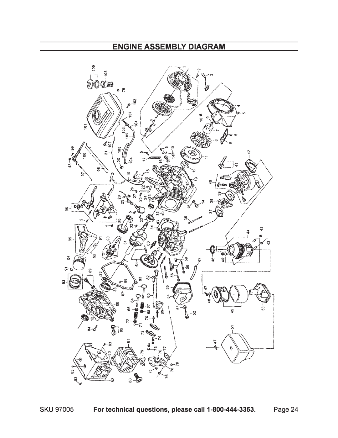 Harbor Freight Tools 97005 manual Engine Assembly Diagram, For technical questions, please call 