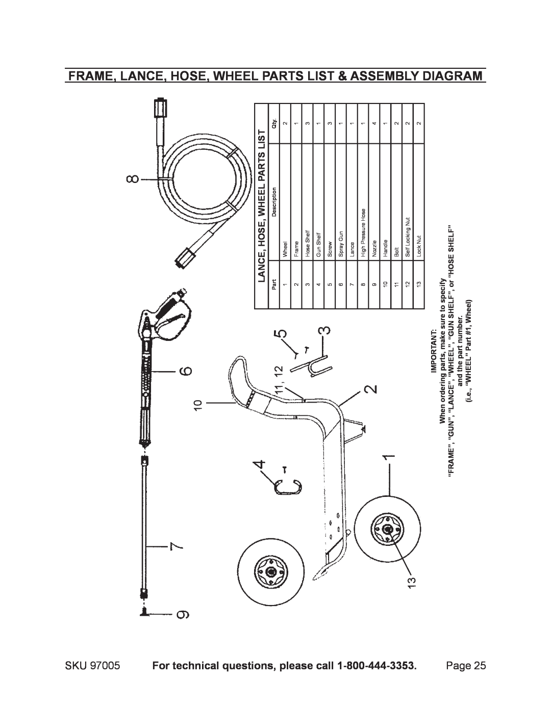 Harbor Freight Tools 97005 Frame, Lance, Hose, Wheel Parts List & Assembly Diagram, For technical questions, please call 