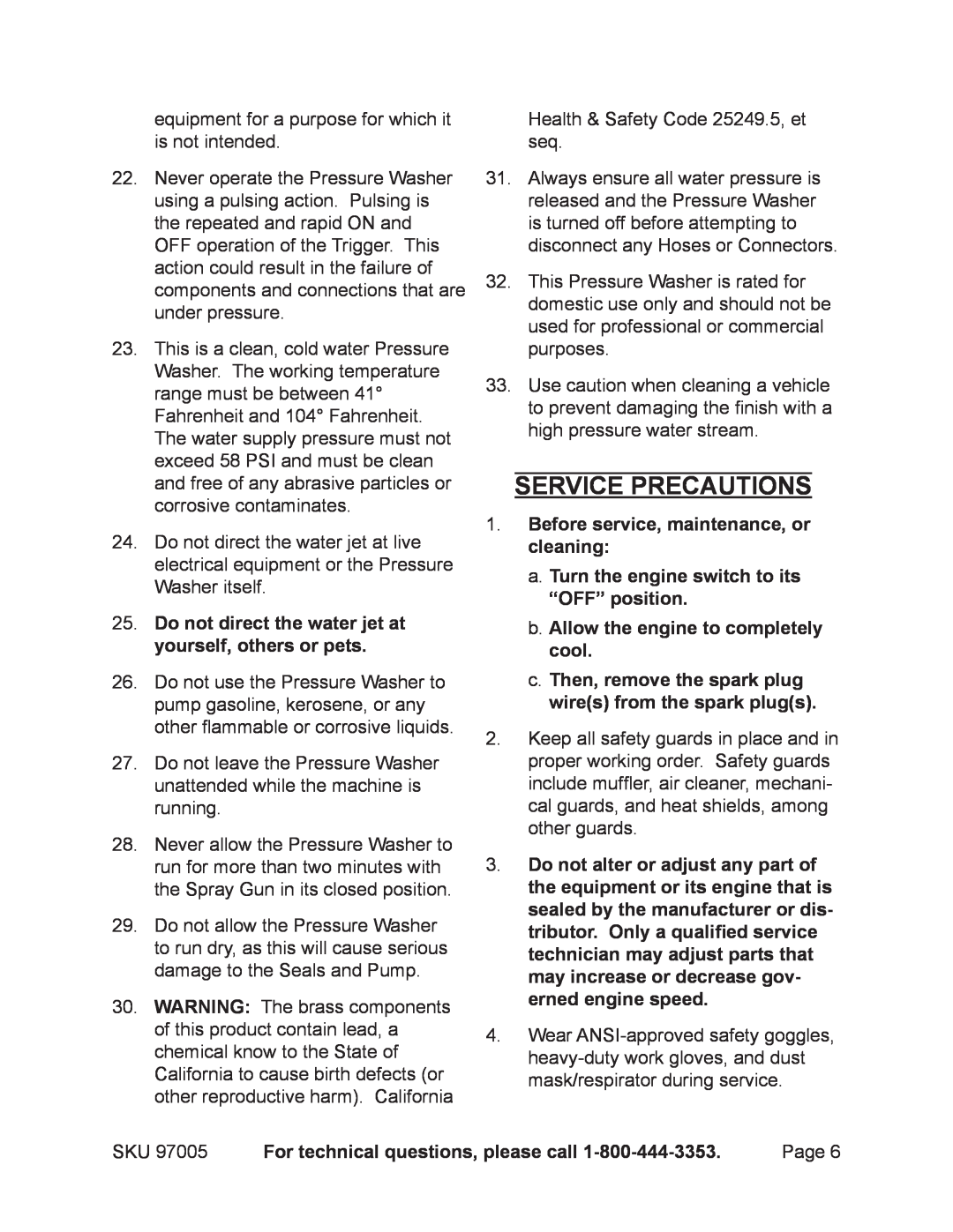 Harbor Freight Tools 97005 manual Service precautions, Do not direct the water jet at yourself, others or pets 