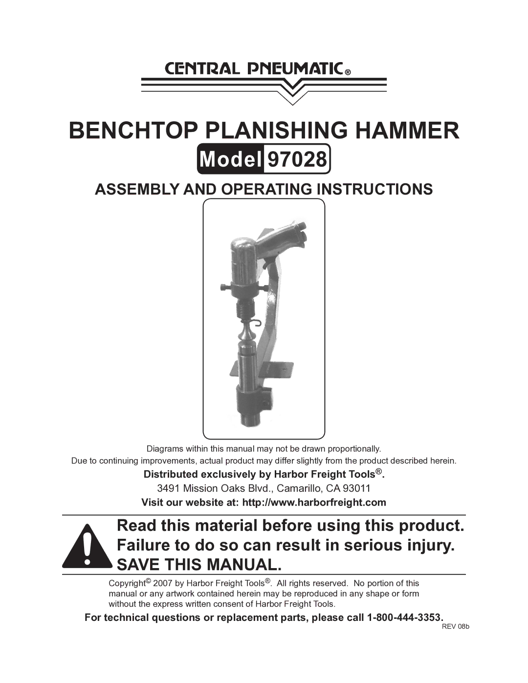 Harbor Freight Tools 97028 operating instructions Distributed exclusively by Harbor Freight Tools 