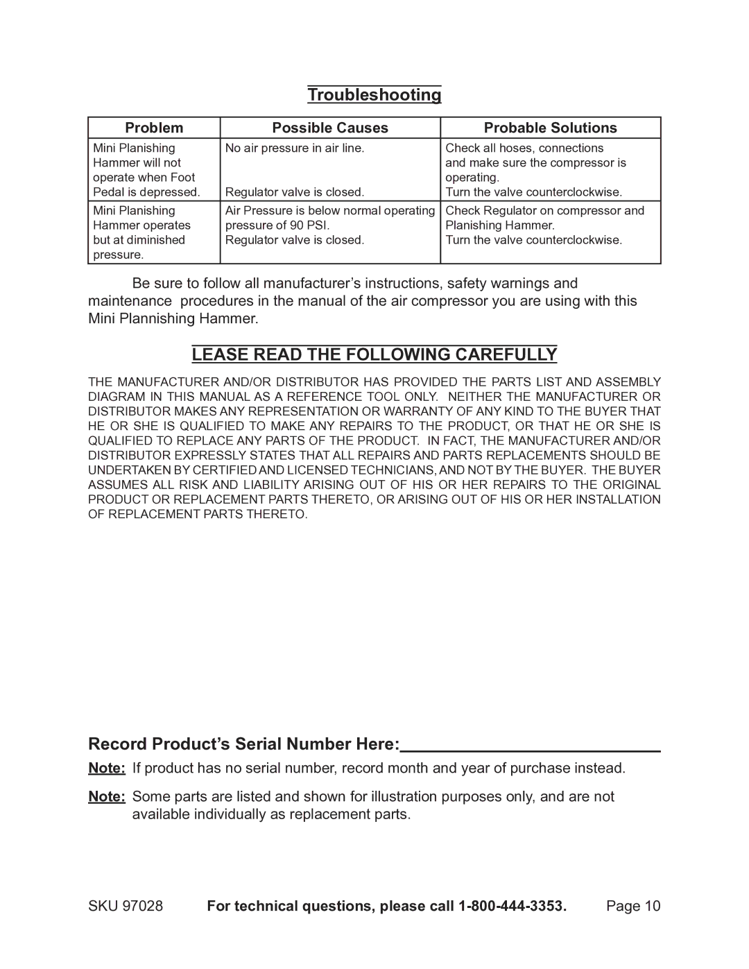 Harbor Freight Tools 97028 operating instructions Troubleshooting, Problem Possible Causes Probable Solutions 