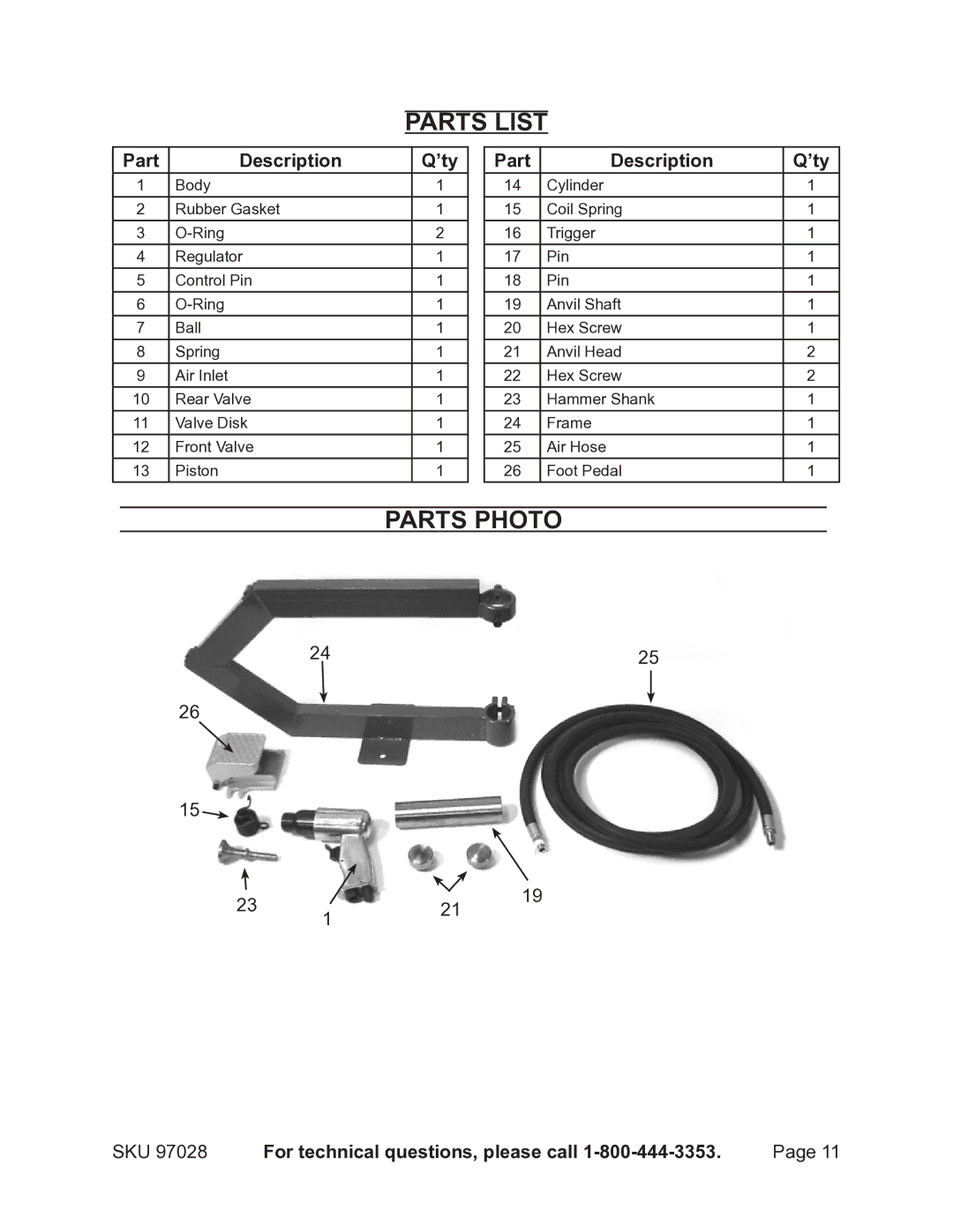 Harbor Freight Tools 97028 Parts List, Parts Photo, Part Description ’ty, SKU For technical questions, please call 