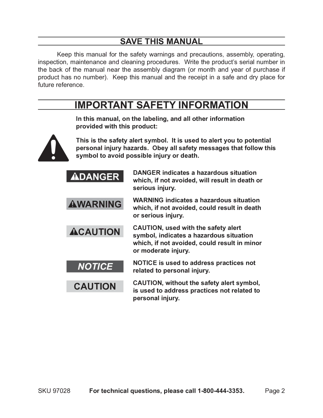 Harbor Freight Tools 97028 operating instructions Save This Manual, For technical questions, please call 