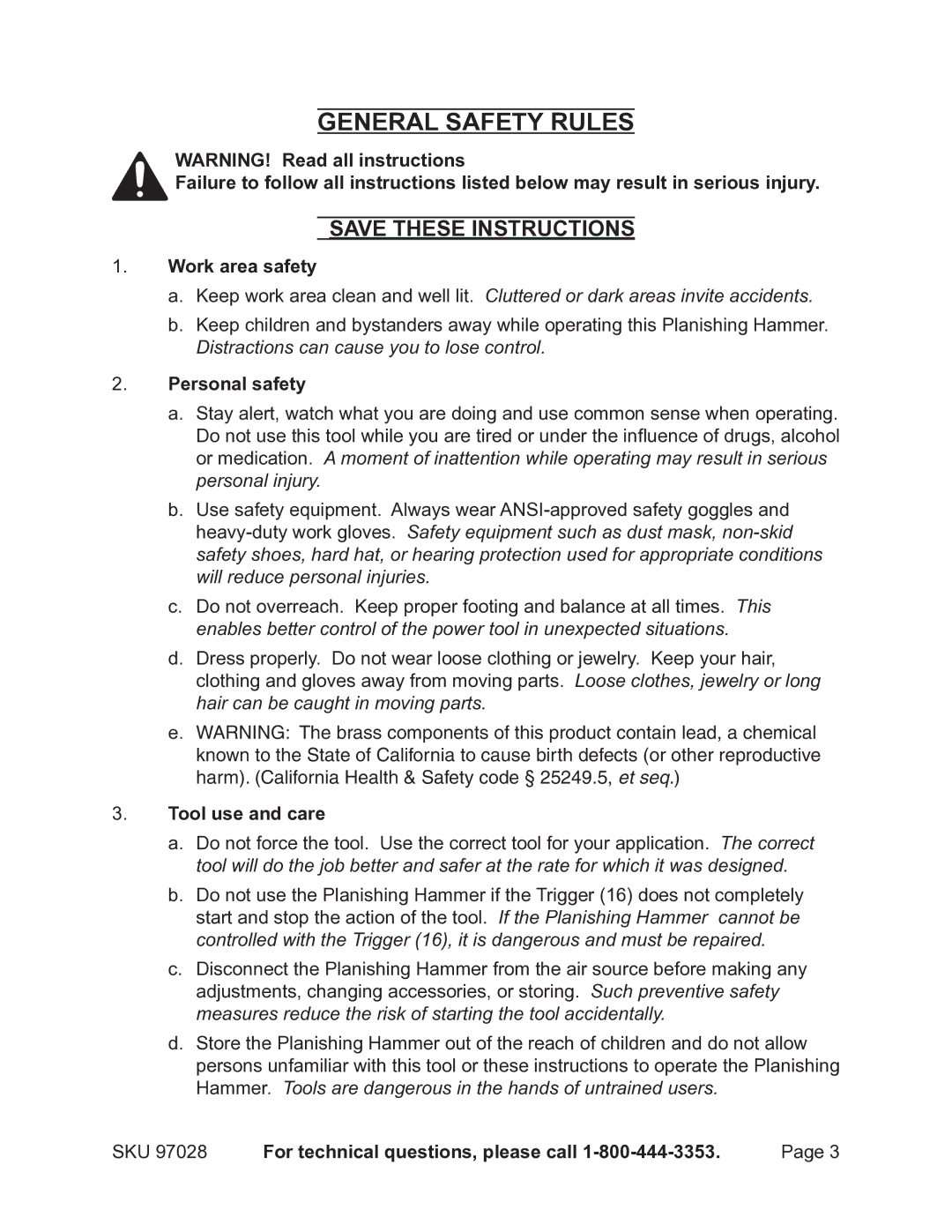 Harbor Freight Tools 97028 operating instructions General Safety Rules, Personal safety, Tool use and care 