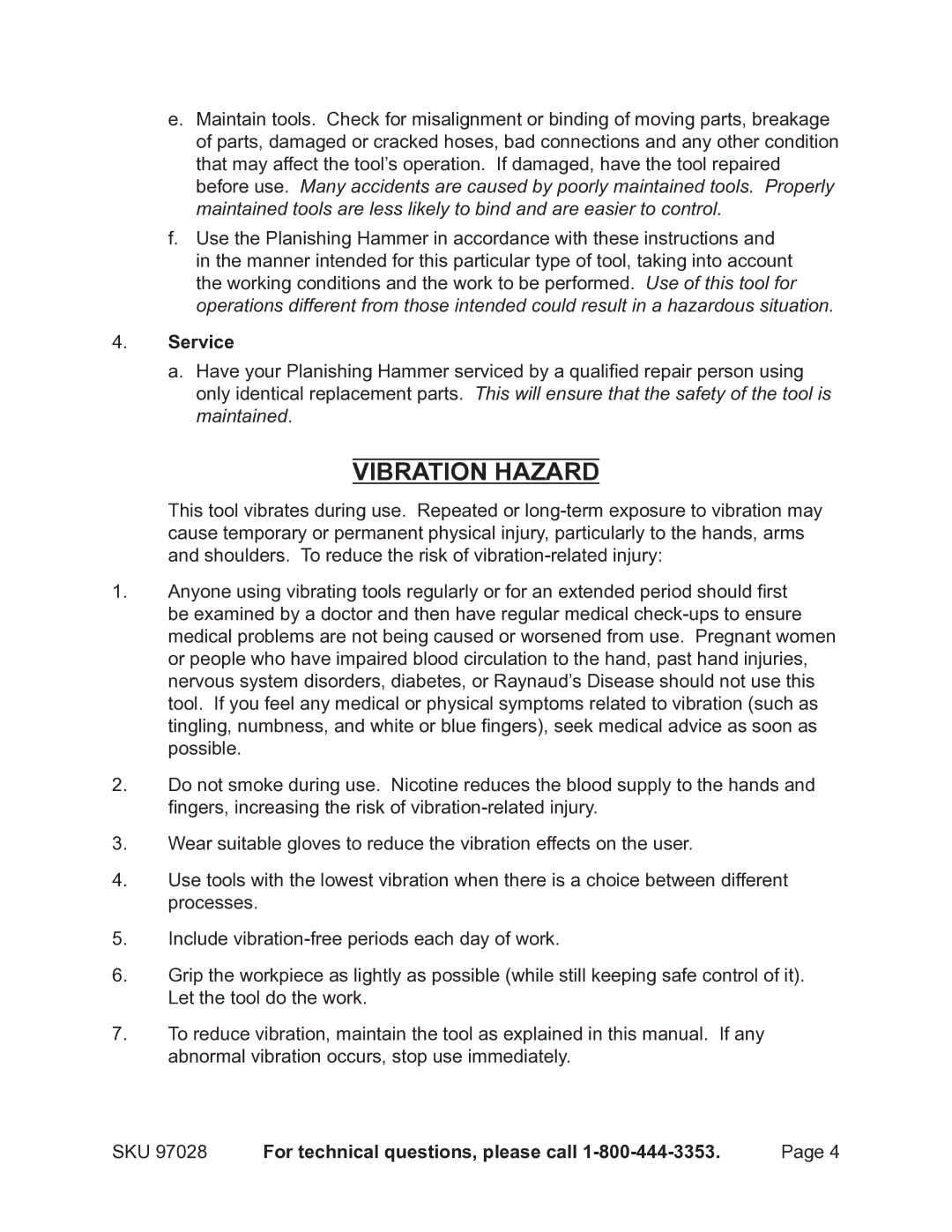 Harbor Freight Tools 97028 operating instructions Vibration Hazard, Service 