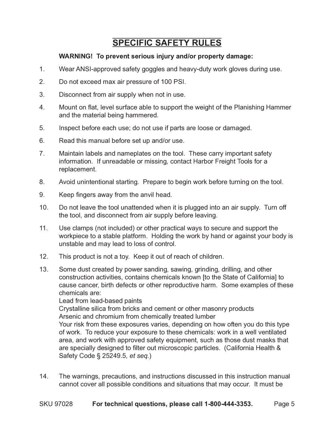 Harbor Freight Tools 97028 operating instructions Specific Safety Rules 