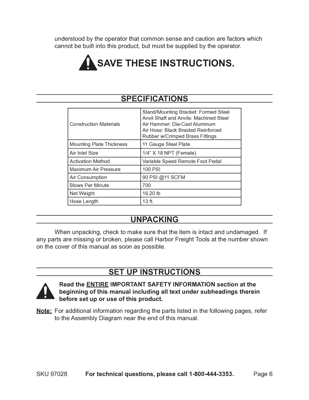 Harbor Freight Tools 97028 operating instructions Specifications, Unpacking, Set Up Instructions 