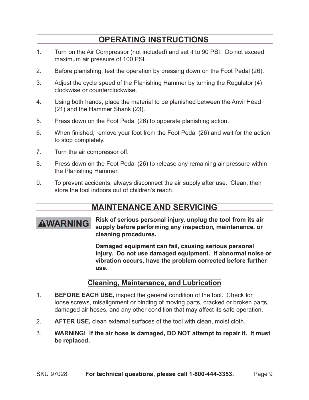 Harbor Freight Tools 97028 operating instructions Operating Instructions, Maintenance And Servicing, Cleaning procedures 