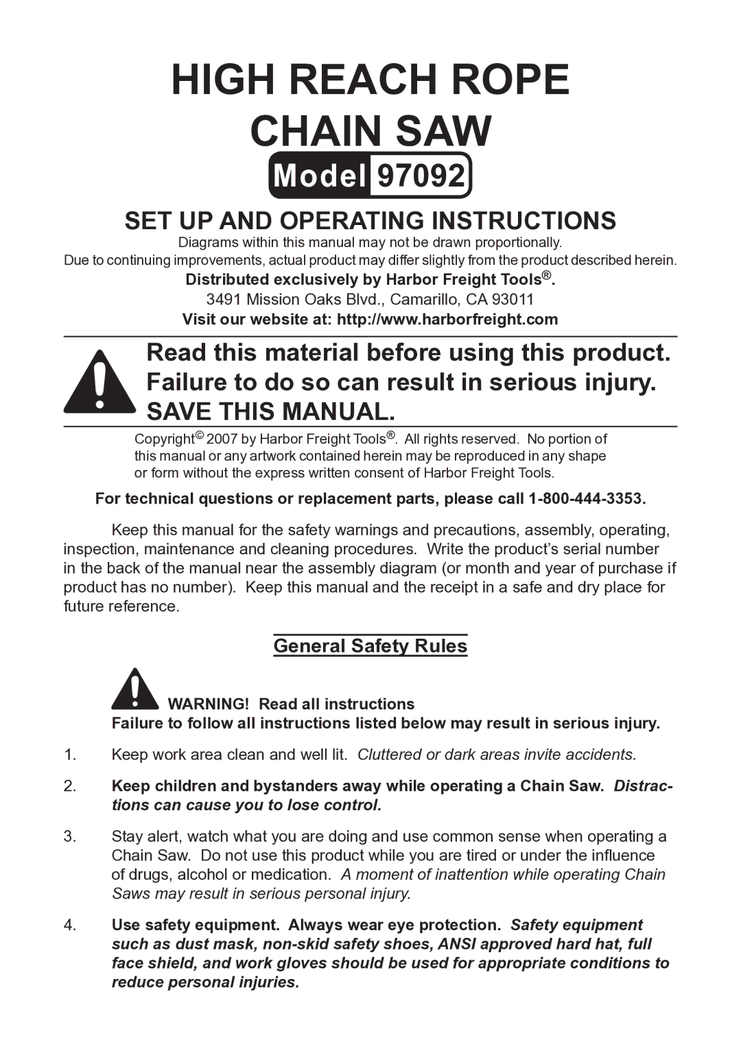 Harbor Freight Tools 97092 manual Distributed exclusively by Harbor Freight Tools 