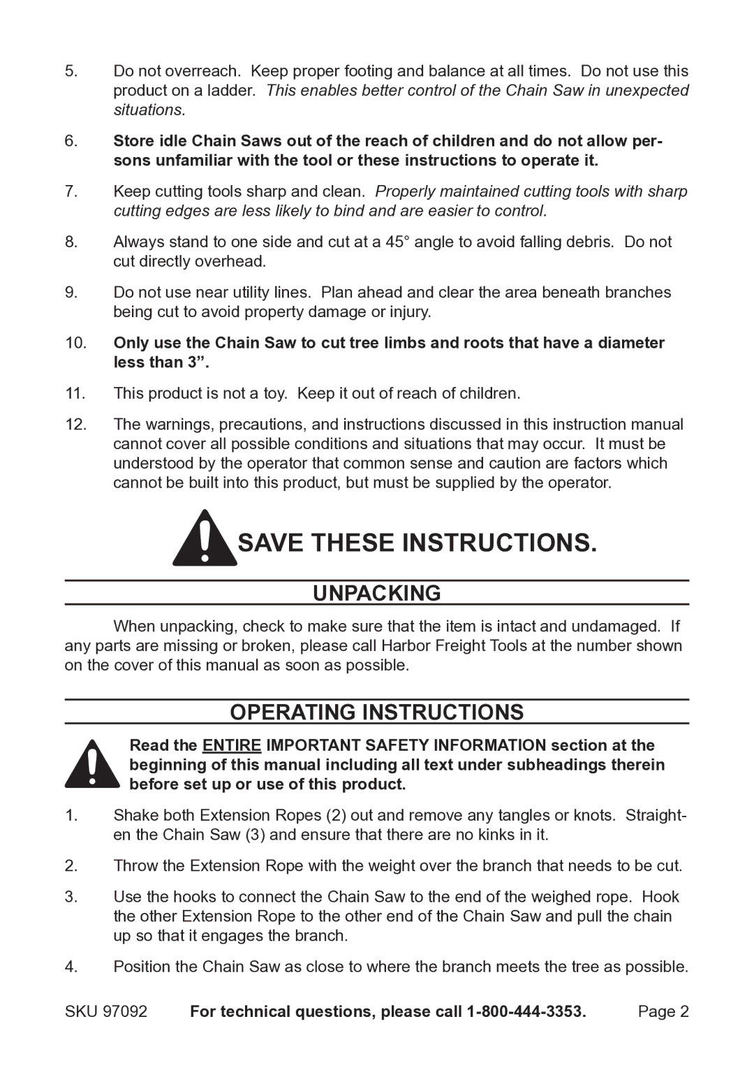 Harbor Freight Tools 97092 manual Unpacking, Operating Instructions, SKU For technical questions, please call 