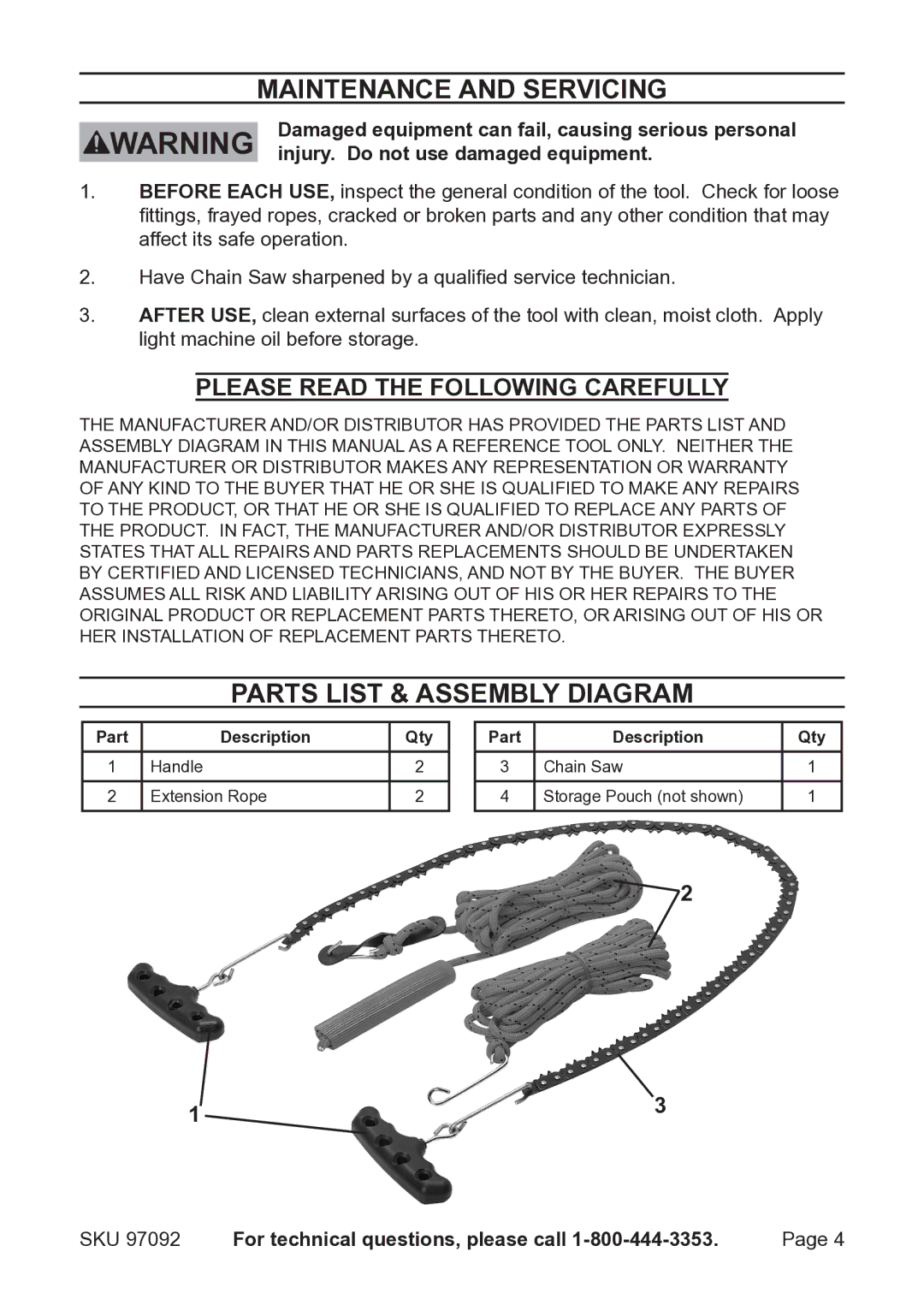 Harbor Freight Tools 97092 Maintenance And Servicing, Parts List & assembly diagram, Injury. Do not use damaged equipment 