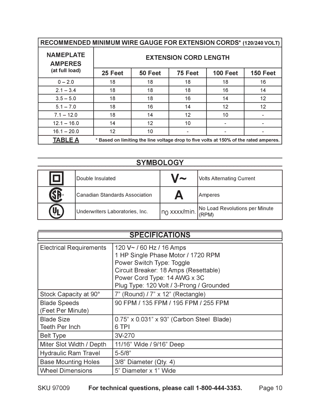 Harbor Freight Tools 97099 operating instructions Specifications, Feet 