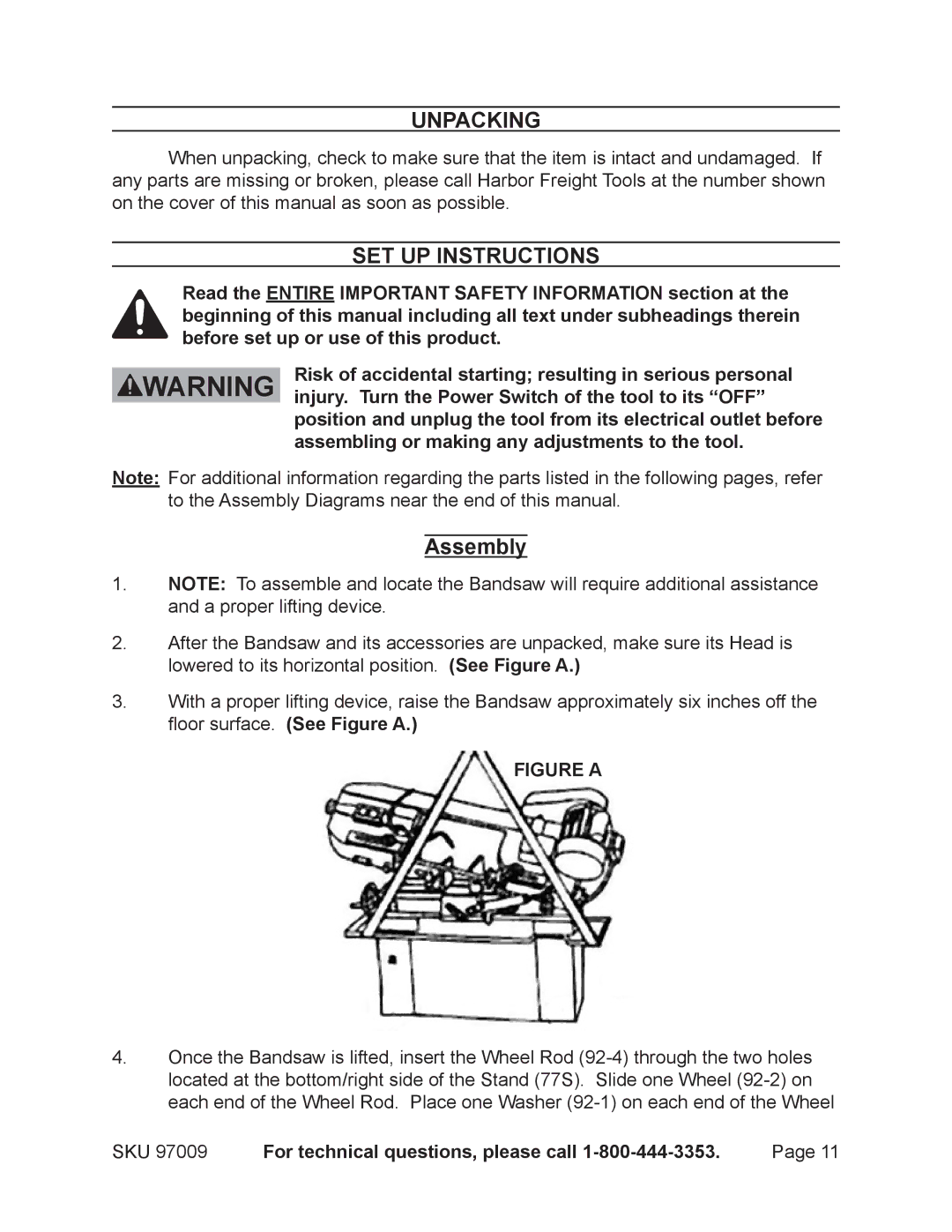 Harbor Freight Tools 97099 operating instructions Unpacking 