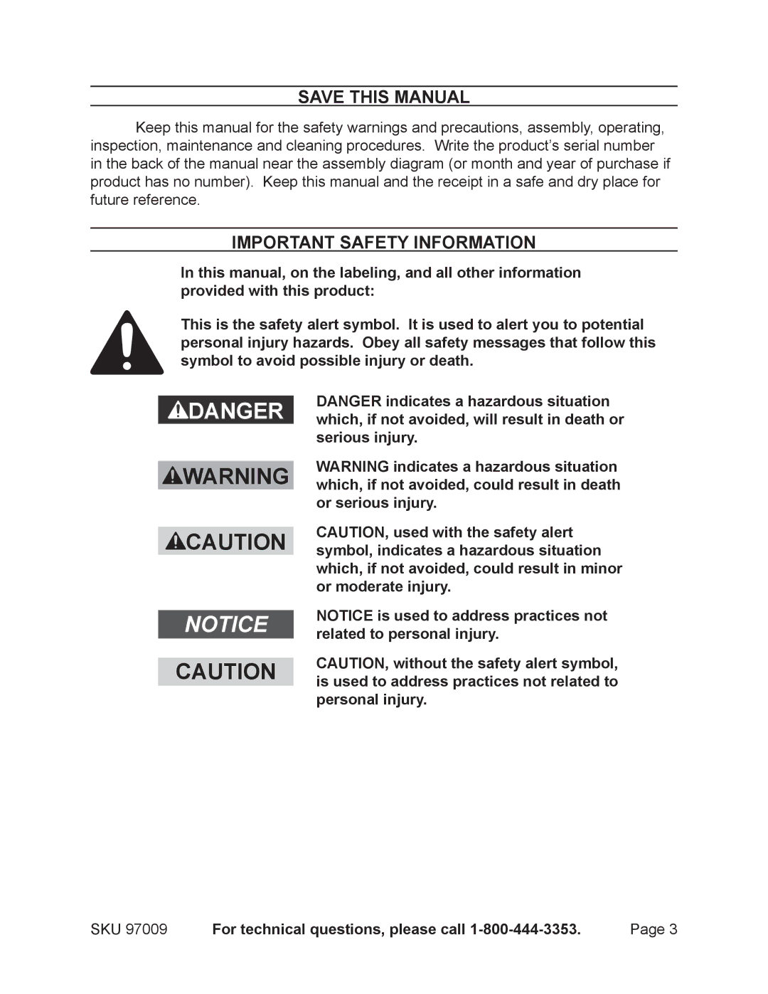 Harbor Freight Tools 97099 operating instructions Save This Manual 