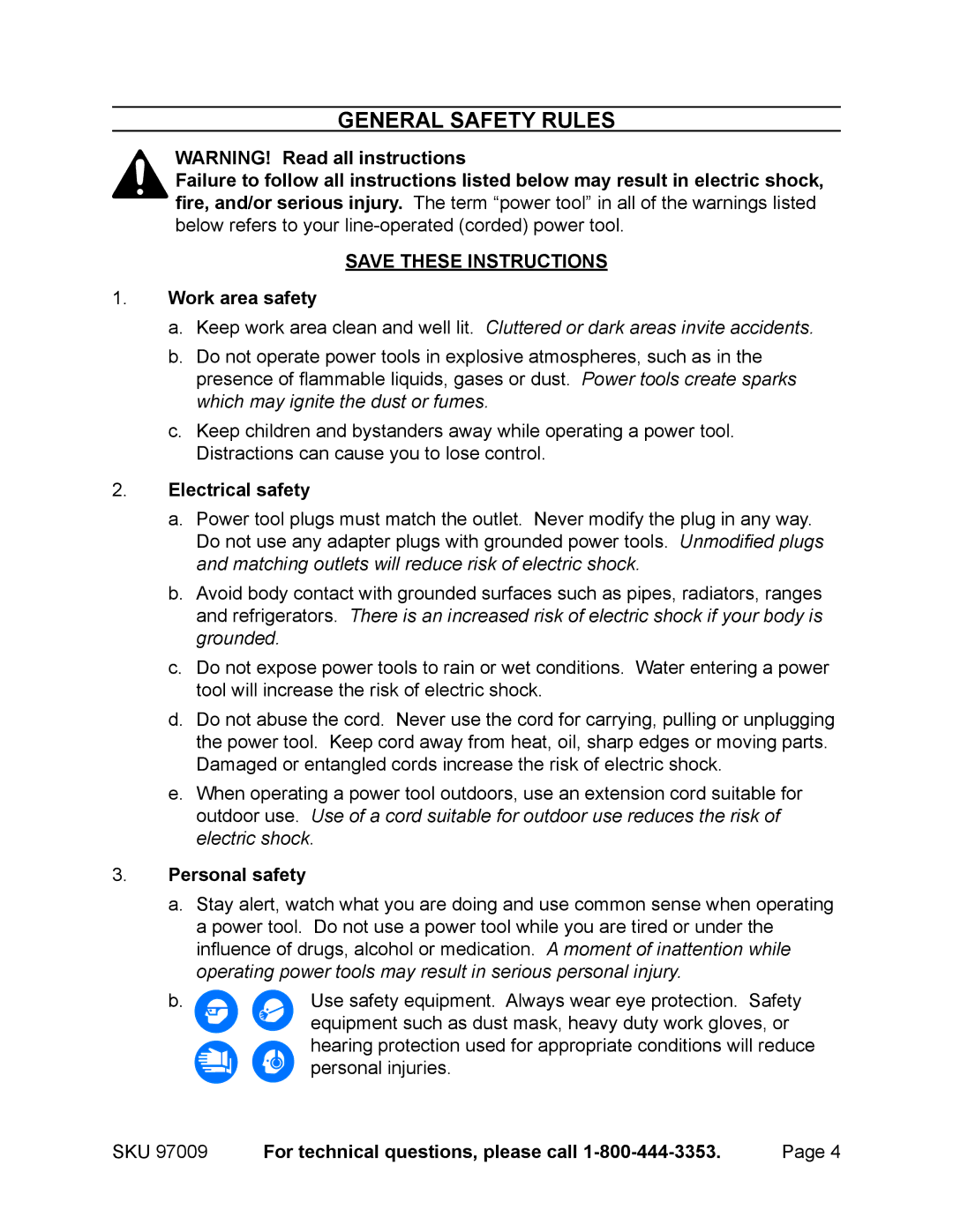 Harbor Freight Tools 97099 operating instructions Work area safety, Electrical safety, Personal safety 