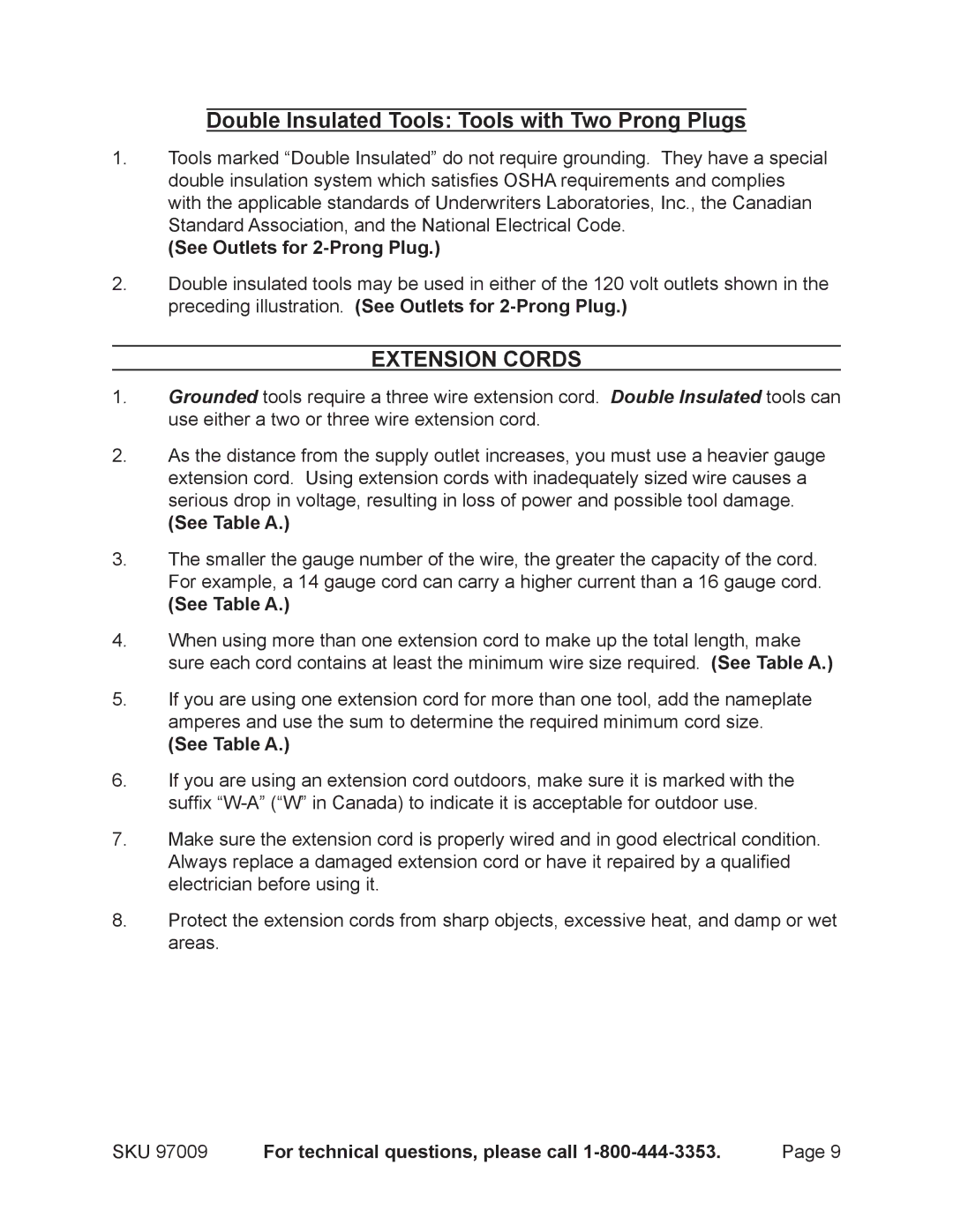 Harbor Freight Tools 97099 operating instructions See Outlets for 2-Prong Plug, See Table a 