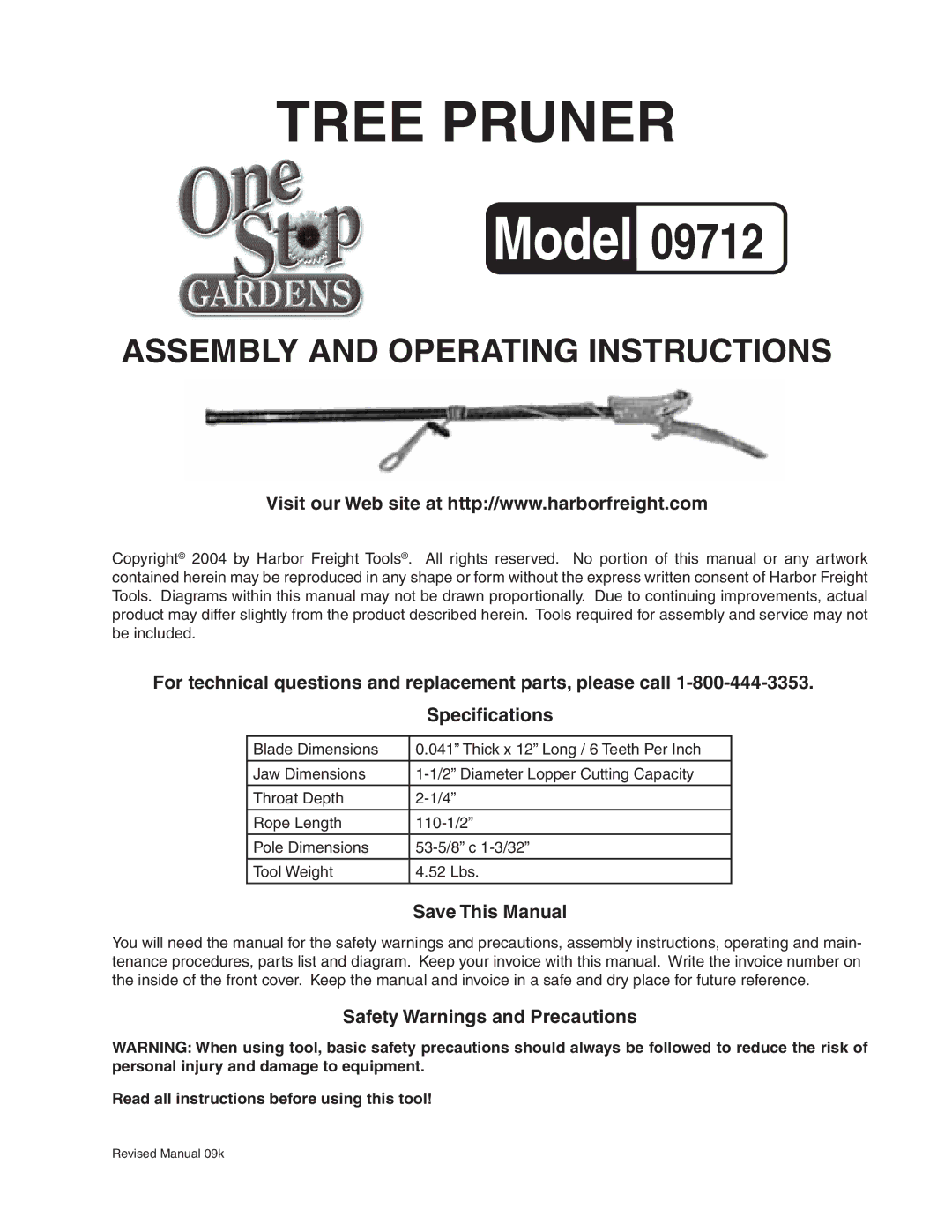 Harbor Freight Tools 9712 specifications Save This Manual, Safety Warnings and Precautions 