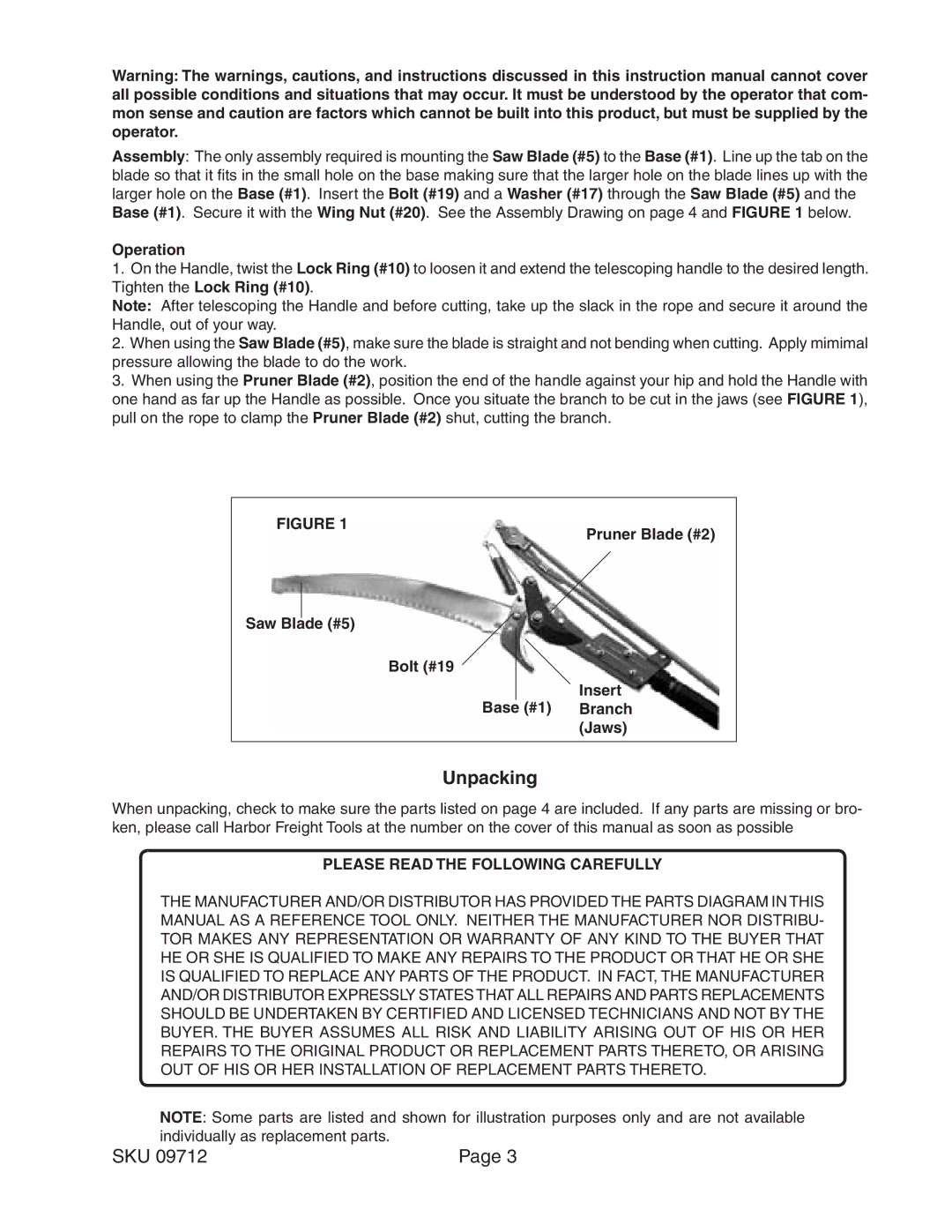 Harbor Freight Tools 9712 specifications Unpacking, Operation 