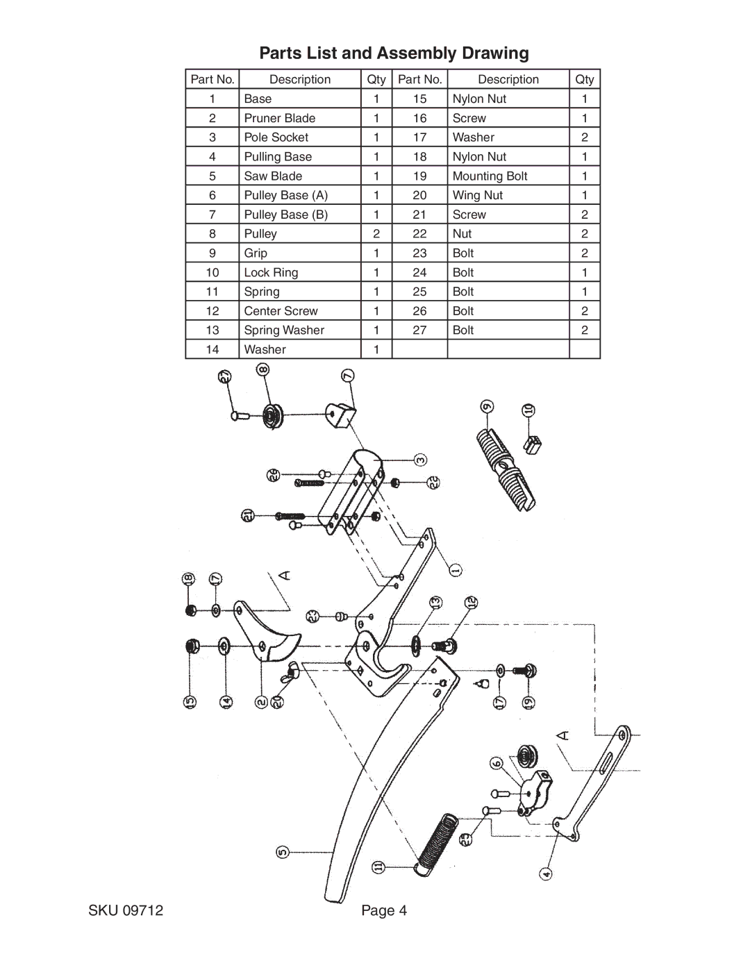 Harbor Freight Tools 9712 specifications Parts List and Assembly Drawing 