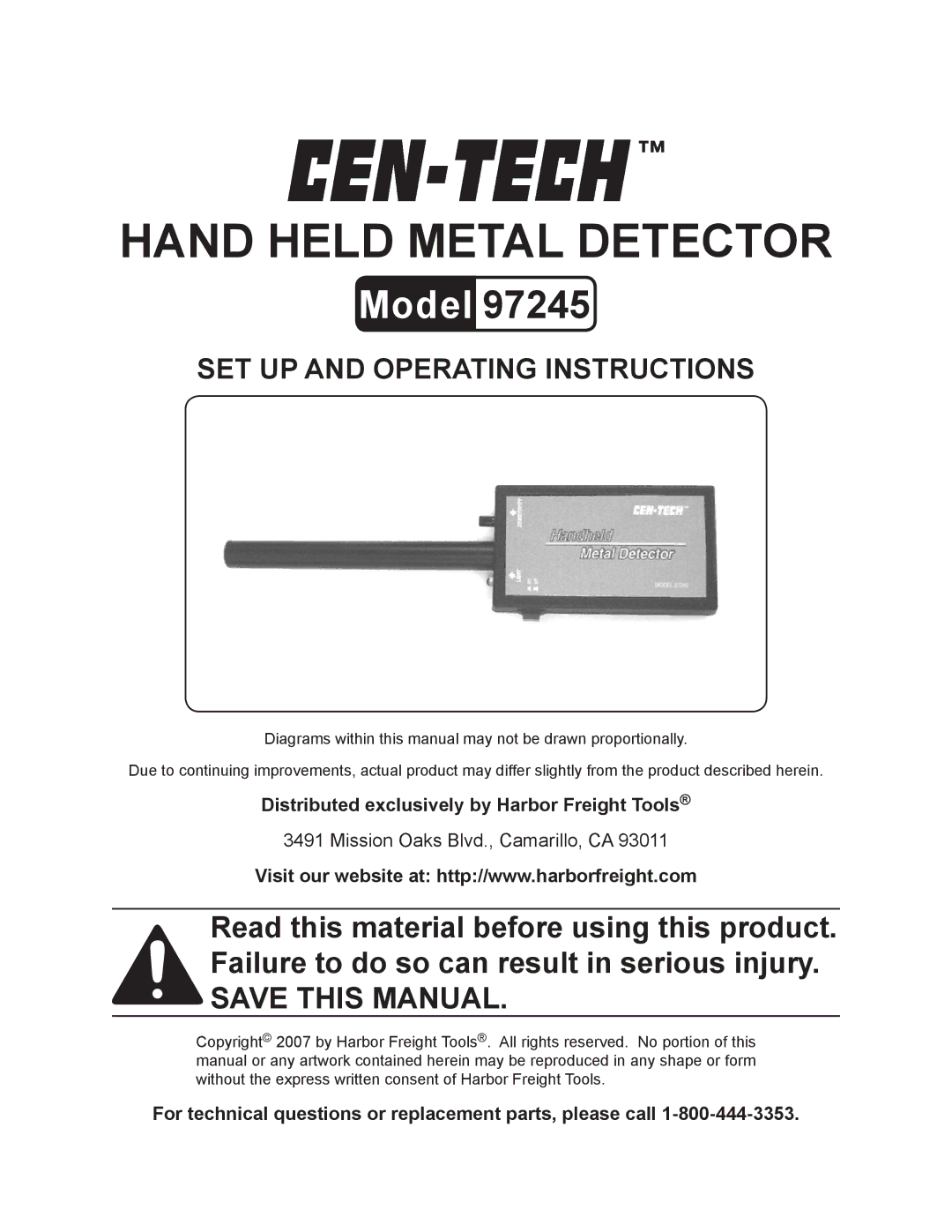 Harbor Freight Tools 97245 manual Distributed exclusively by Harbor Freight Tools 