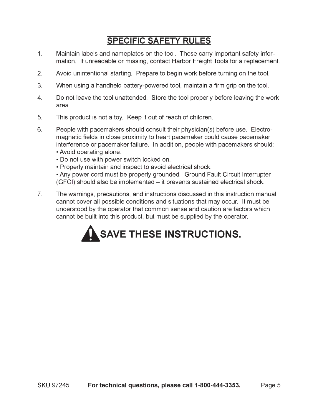 Harbor Freight Tools 97245 manual Specific Safety Rules 