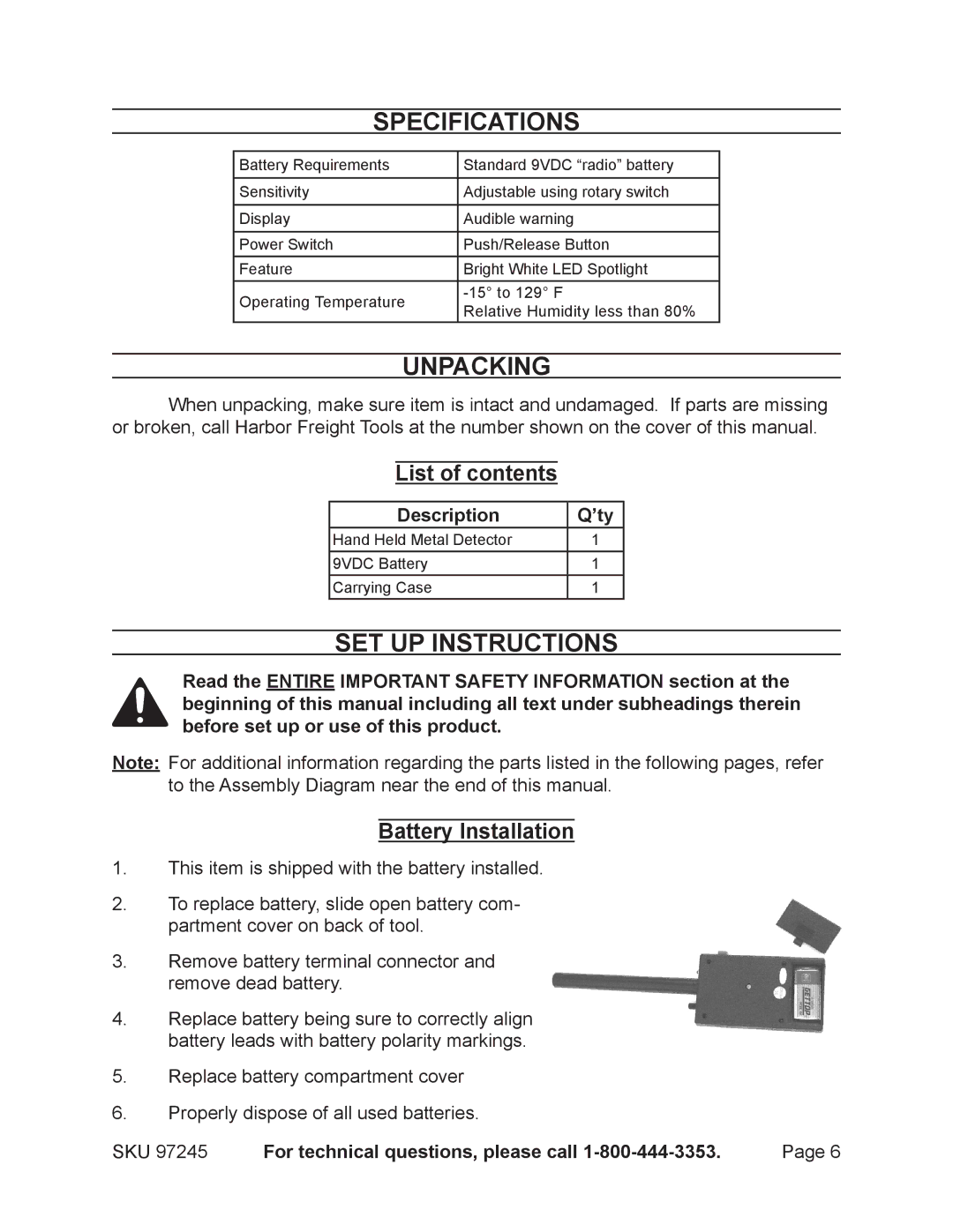 Harbor Freight Tools 97245 manual Specifications, Unpacking, Set Up Instructions, List of contents, Battery Installation 